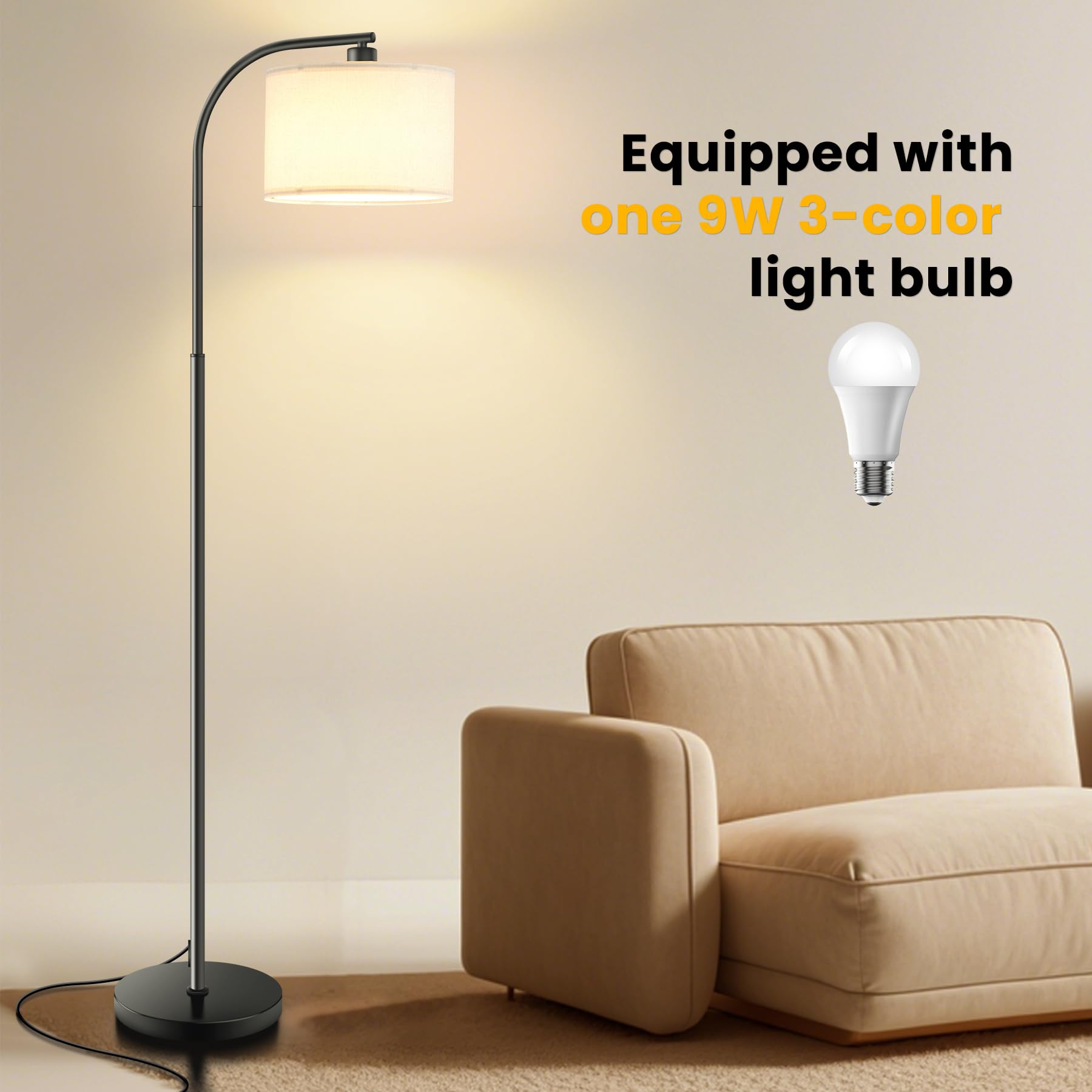 Tall Floor Lamp for Living Room,65'' Modern Standing Lamps with 9W LED Bulb,Elegant Floor Light with Fabric Shade,Gold Tall Lamp for Bedroom Office Study Room Corner Dining Room