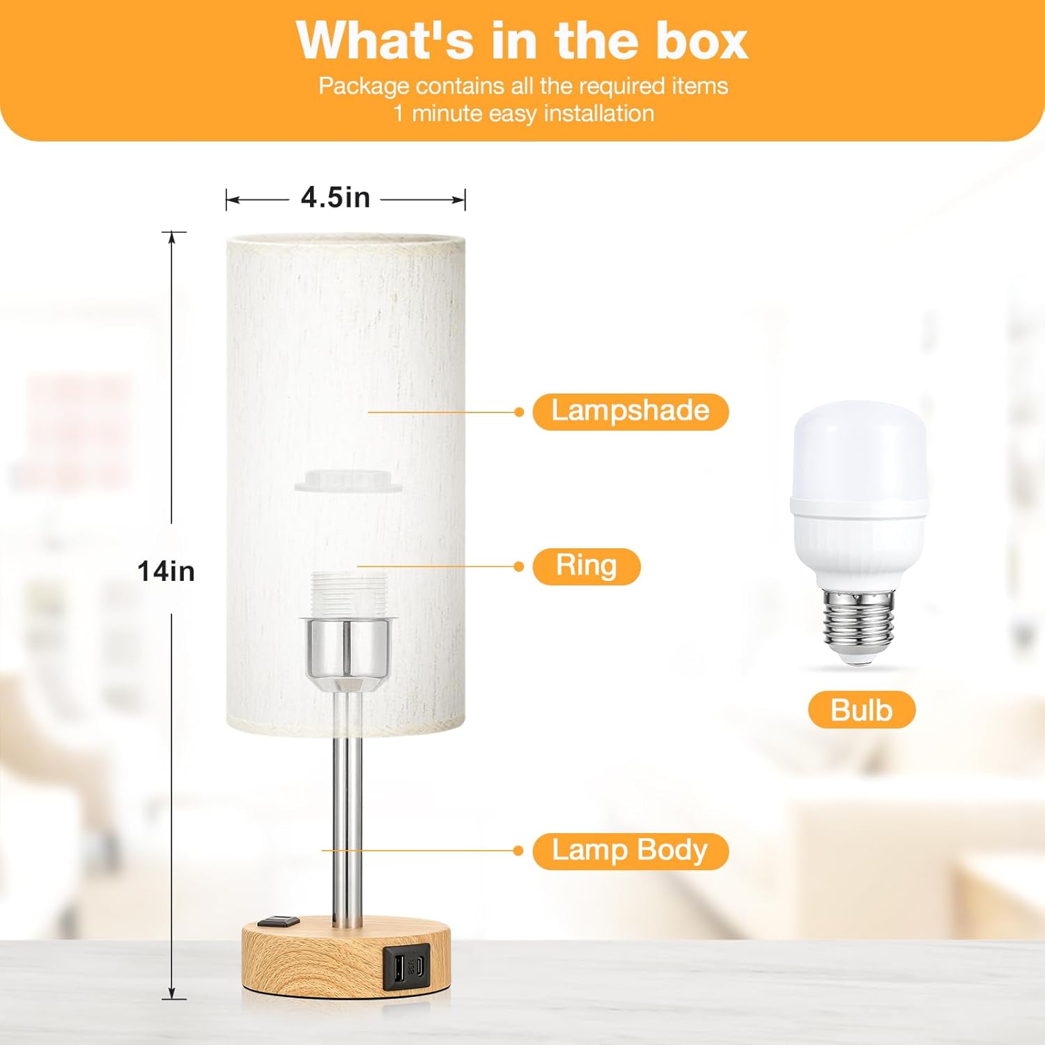 Bedside Table Lamp – 3-Way Dimmable Touch Lamp with USB-C Charging Port & AC Outlet | Wood Base, Fabric Shade, LED Bulb Included