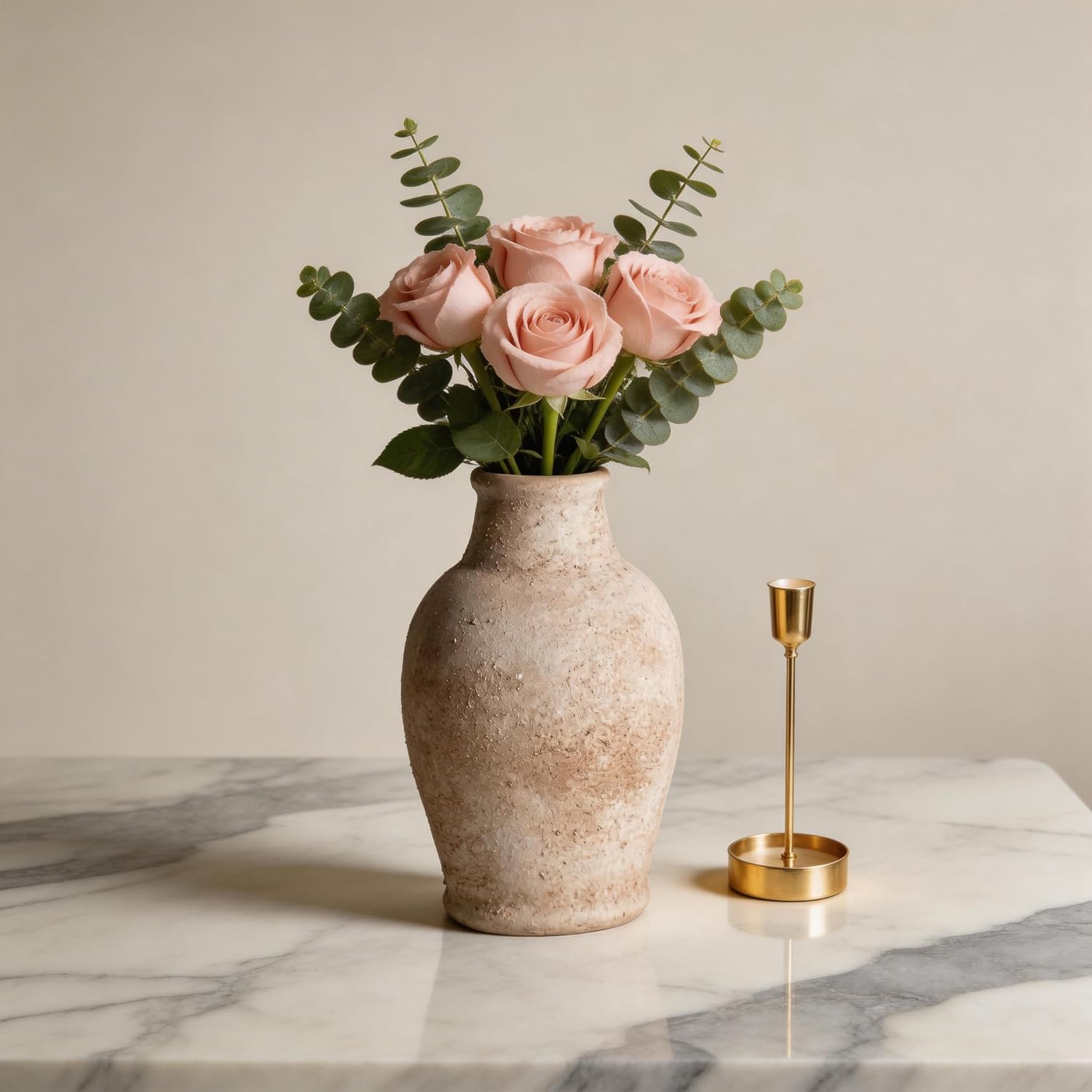 Handmade Rustic Ceramic Decorative vase, 8.3 x 5.5 inches, Off-White, Handcrafted in Vintage Style, Complements Rustic, Country, and Various Decor Themes.