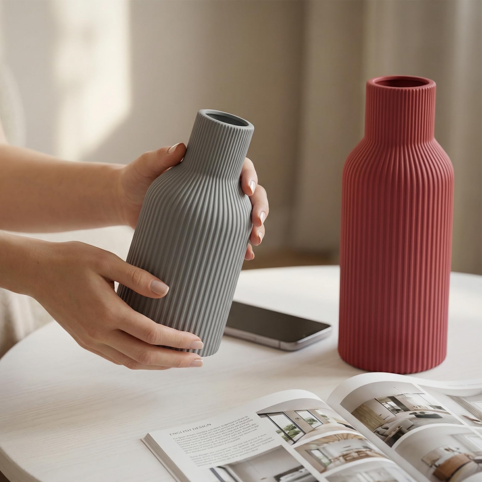 Ceramic Vases Set of 3 – Modern Matte Ribbed Vases for Pampas Grass & Dried Flowers | Boho, Farmhouse & Minimalist Home Decor