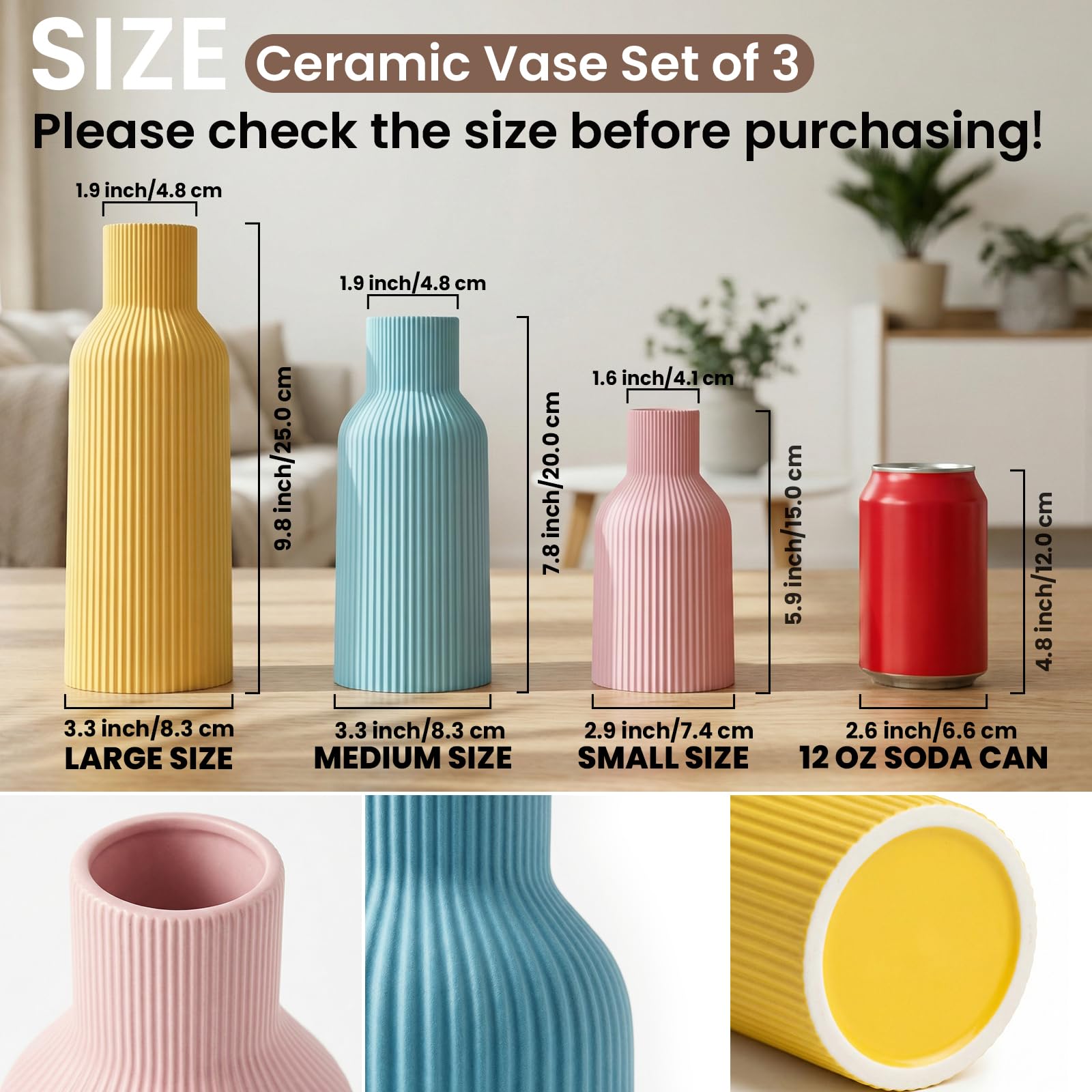 Ceramic Vases Set of 3 – Modern Matte Ribbed Vases for Pampas Grass & Dried Flowers | Boho, Farmhouse & Minimalist Home Decor