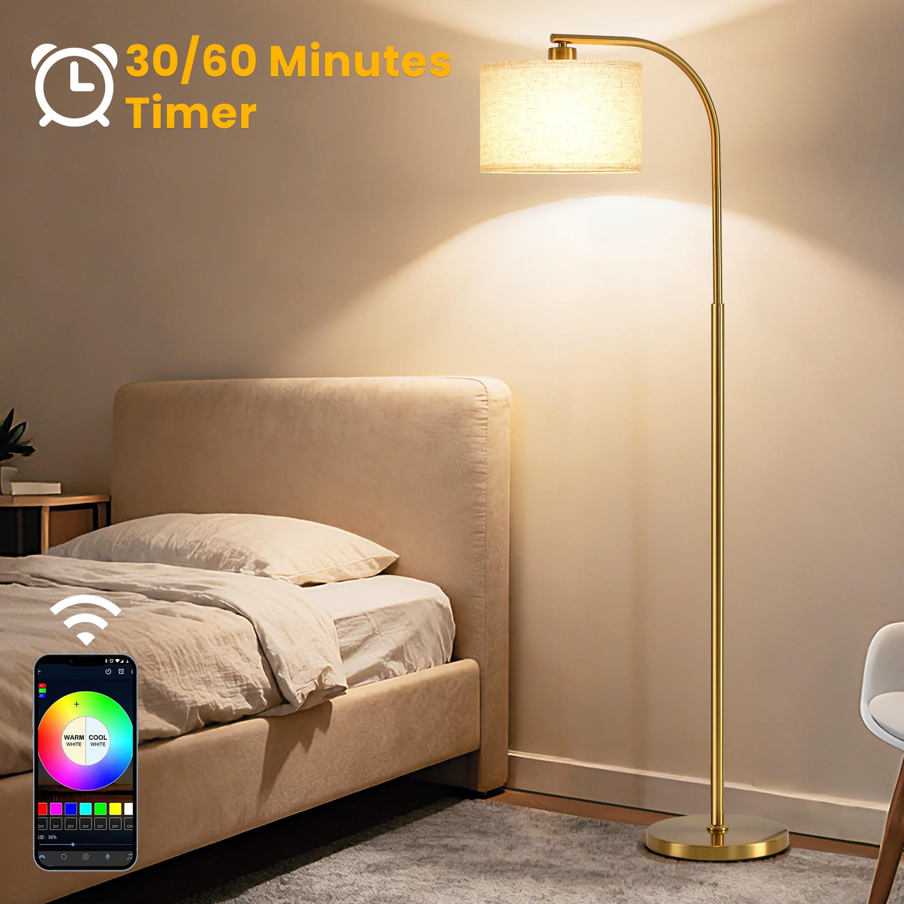 Tall Floor Lamp for Living Room,65'' Modern Standing Lamps with 9W LED Bulb,Elegant Floor Light with Fabric Shade,Gold Tall Lamp for Bedroom Office Study Room Corner Dining Room