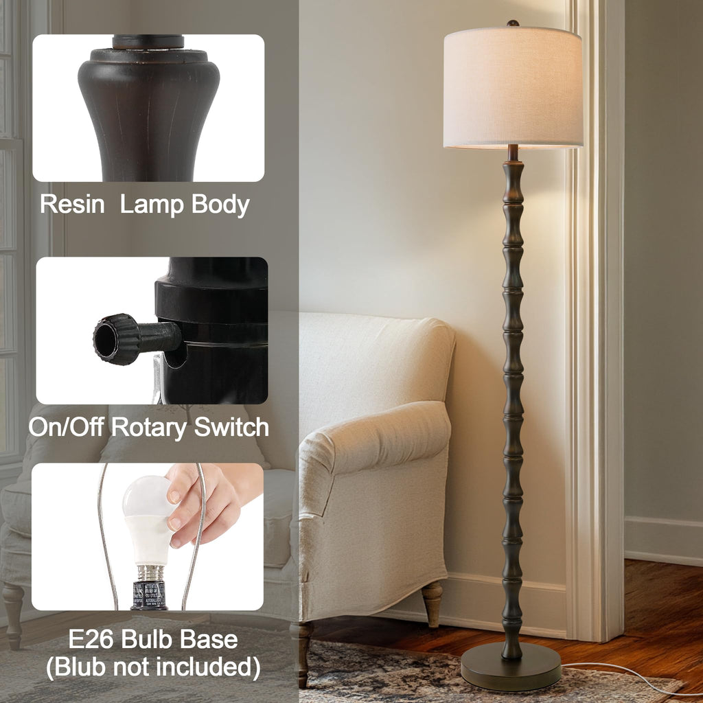 BOBOMOMO 62" Rustic Floor Lamp for Living Room, Retro Farmhouse Floor Lamp Rotary Switch, Resin Standing Lamp for Living Room, Corner, Dining Room, Bedroom, House