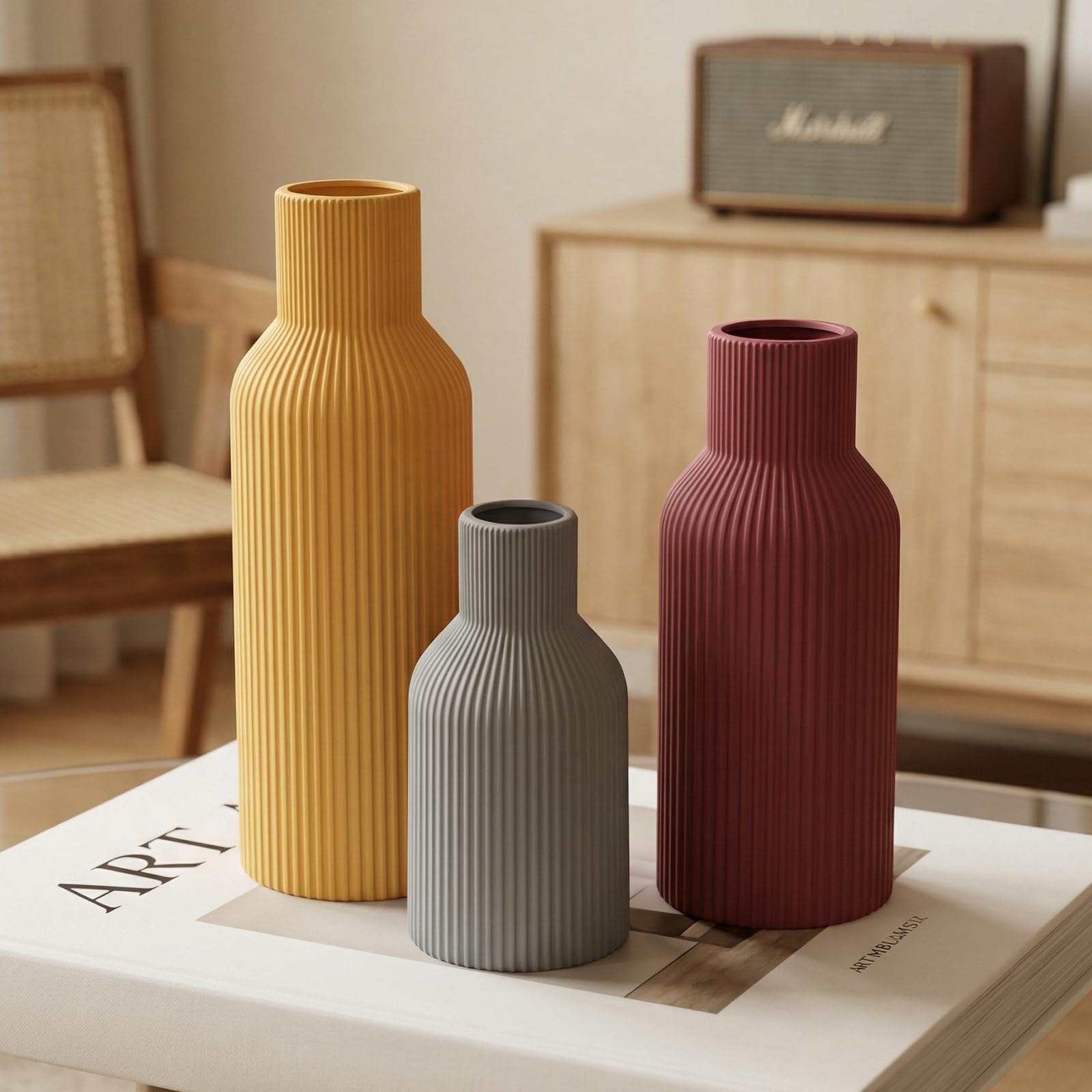 Ceramic Vases Set of 3 – Modern Matte Ribbed Vases for Pampas Grass & Dried Flowers | Boho, Farmhouse & Minimalist Home Decor