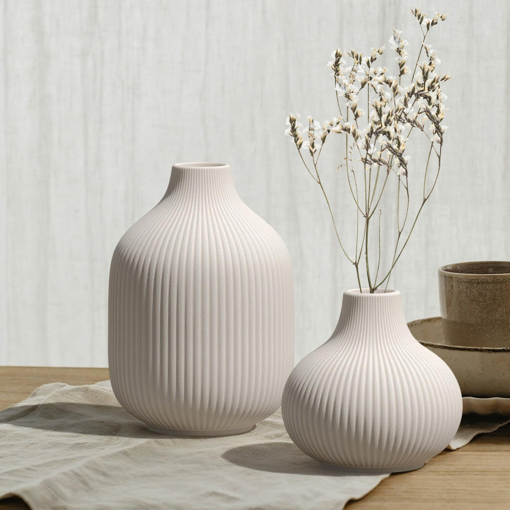 Ceramic Vases Set of 3 – Modern Matte Ribbed Vases for Pampas Grass & Dried Flowers | Boho, Farmhouse & Minimalist Home Decor
