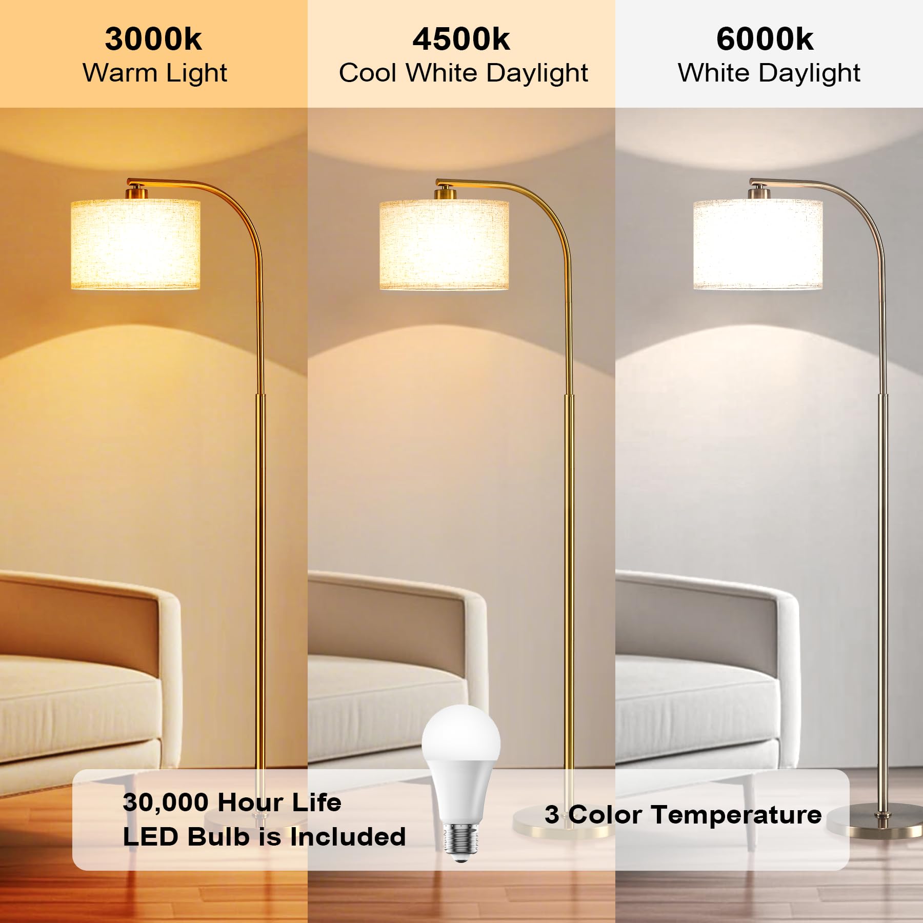 Tall Floor Lamp for Living Room,65'' Modern Standing Lamps with 9W LED Bulb,Elegant Floor Light with Fabric Shade,Gold Tall Lamp for Bedroom Office Study Room Corner Dining Room