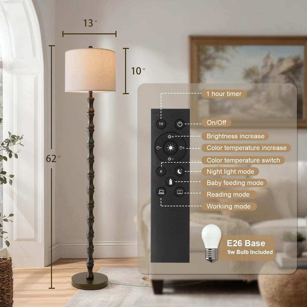 BOBOMOMO 62" Rustic Floor Lamp for Living Room, Retro Farmhouse Floor Lamp Rotary Switch, Resin Standing Lamp for Living Room, Corner, Dining Room, Bedroom, House
