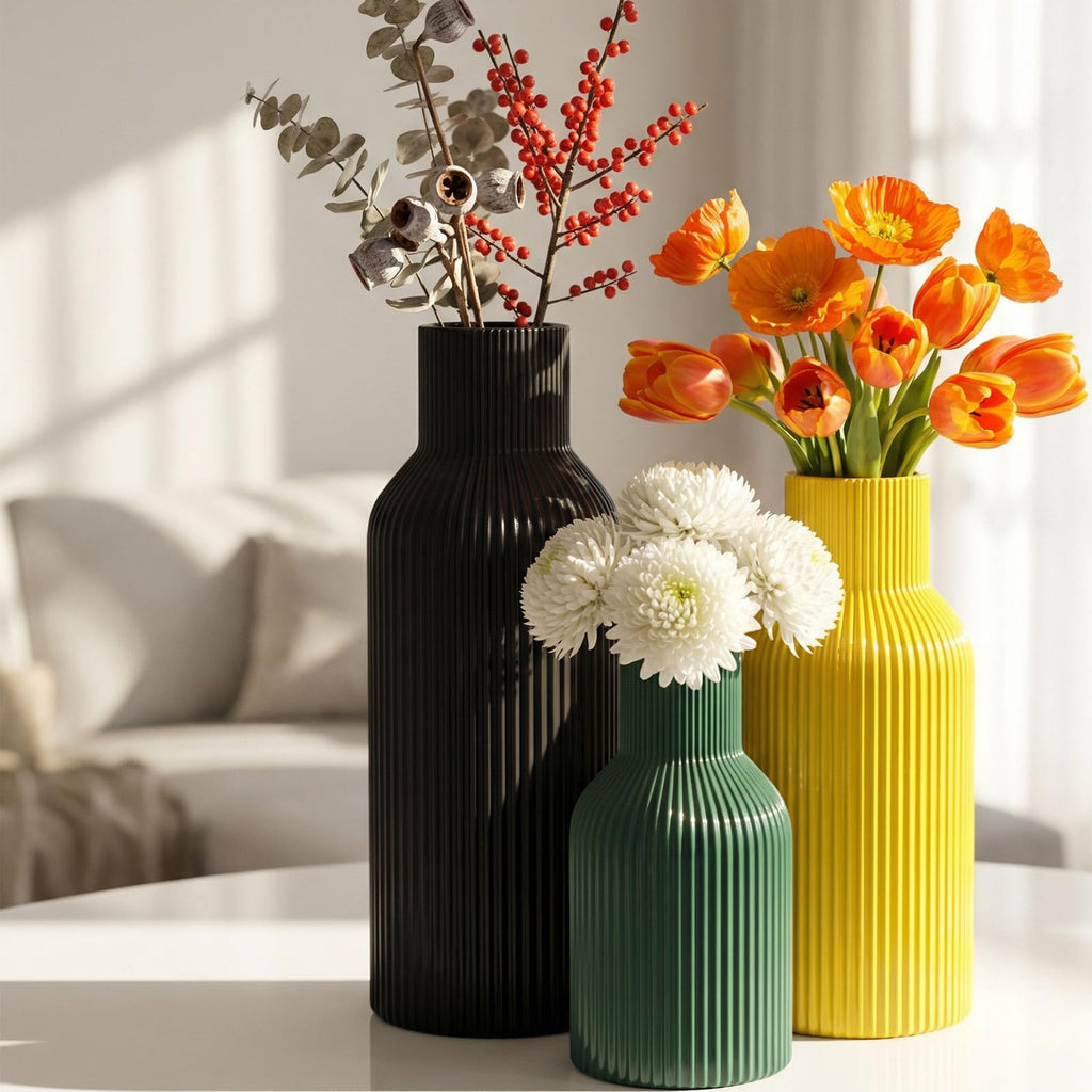 Ceramic Vases Set of 3 – Modern Matte Ribbed Vases for Pampas Grass & Dried Flowers | Boho, Farmhouse & Minimalist Home Decor