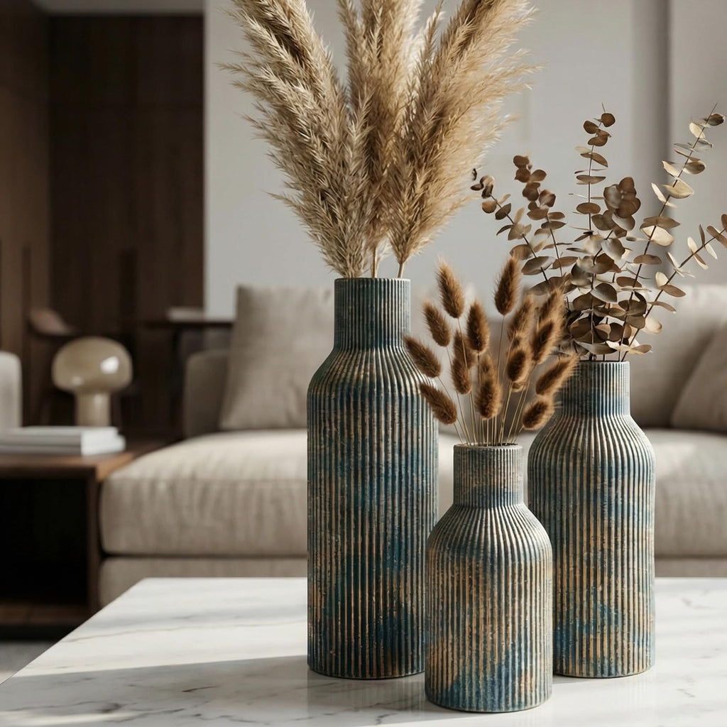 Ceramic Vases Set of 3 – Modern Matte Ribbed Vases for Pampas Grass & Dried Flowers | Boho, Farmhouse & Minimalist Home Decor
