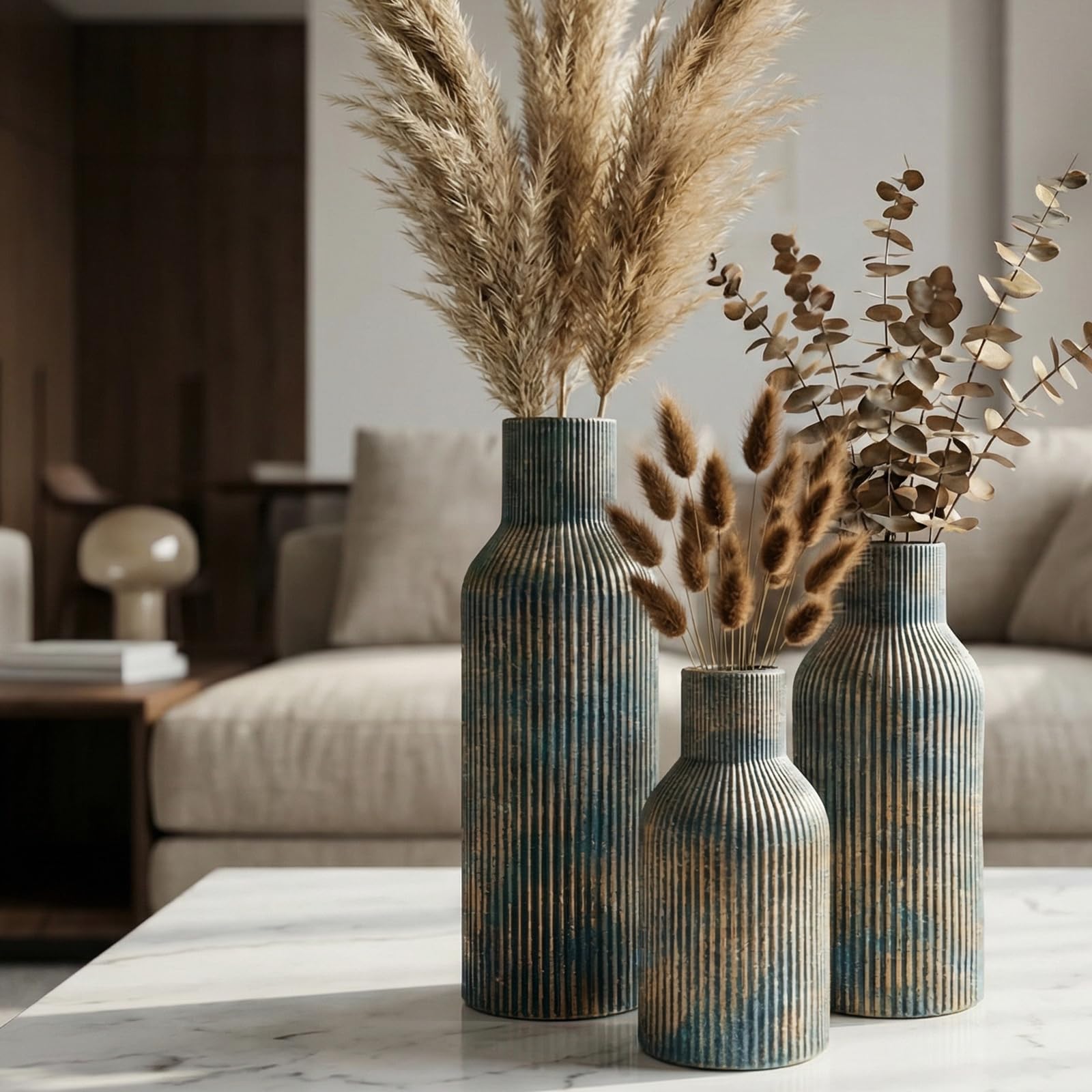Ceramic Vases Set of 3 – Modern Matte Ribbed Vases for Pampas Grass & Dried Flowers | Boho, Farmhouse & Minimalist Home Decor