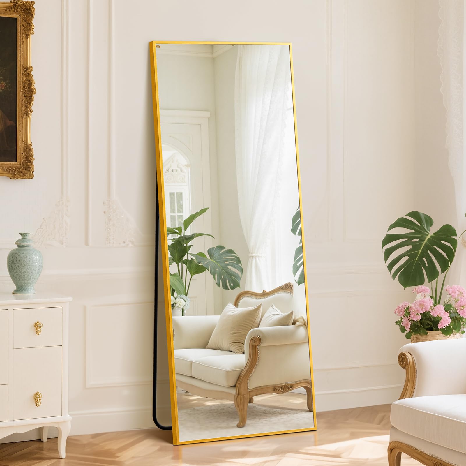DUMOS Arched Full Length Mirror with Stand 64"x21" Floor Standing Aluminum Frame for Bedroom Body Hanging Leaning Modern Simple Home Decor Shatter-proorf Nano Glass Wall Living Room Cloakroom Black