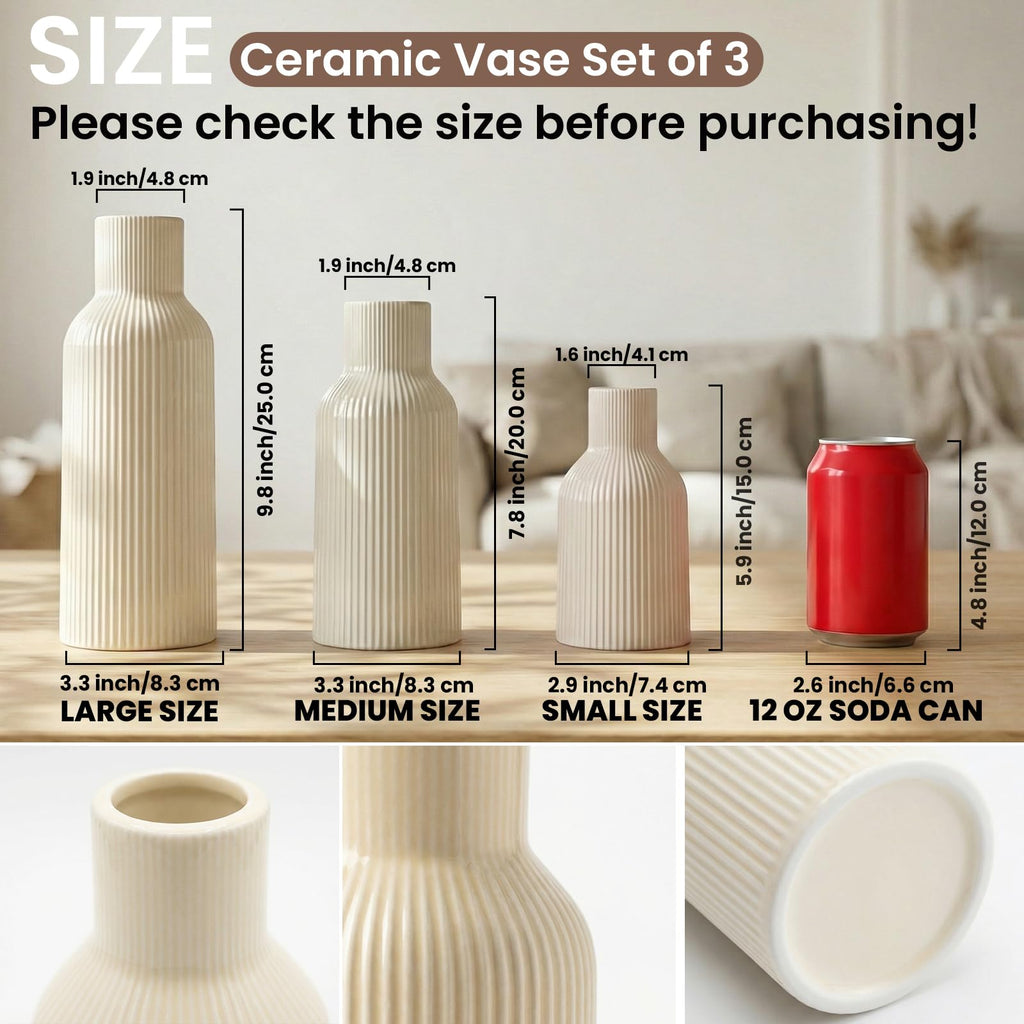 Ceramic Vases Set of 3 – Modern Matte Ribbed Vases for Pampas Grass & Dried Flowers | Boho, Farmhouse & Minimalist Home Decor