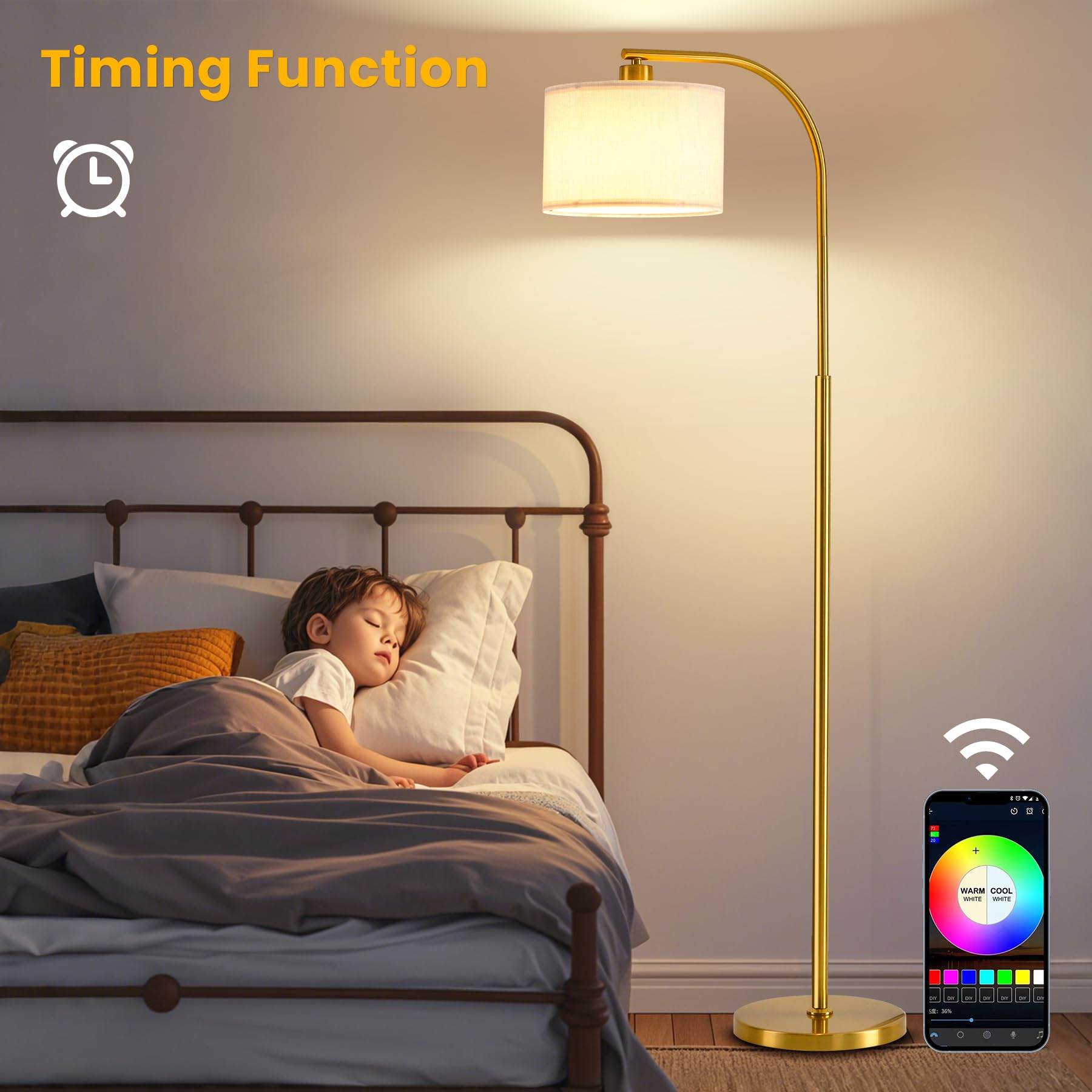 Tall Floor Lamp for Living Room,65'' Modern Standing Lamps with 9W LED Bulb,Elegant Floor Light with Fabric Shade,Gold Tall Lamp for Bedroom Office Study Room Corner Dining Room