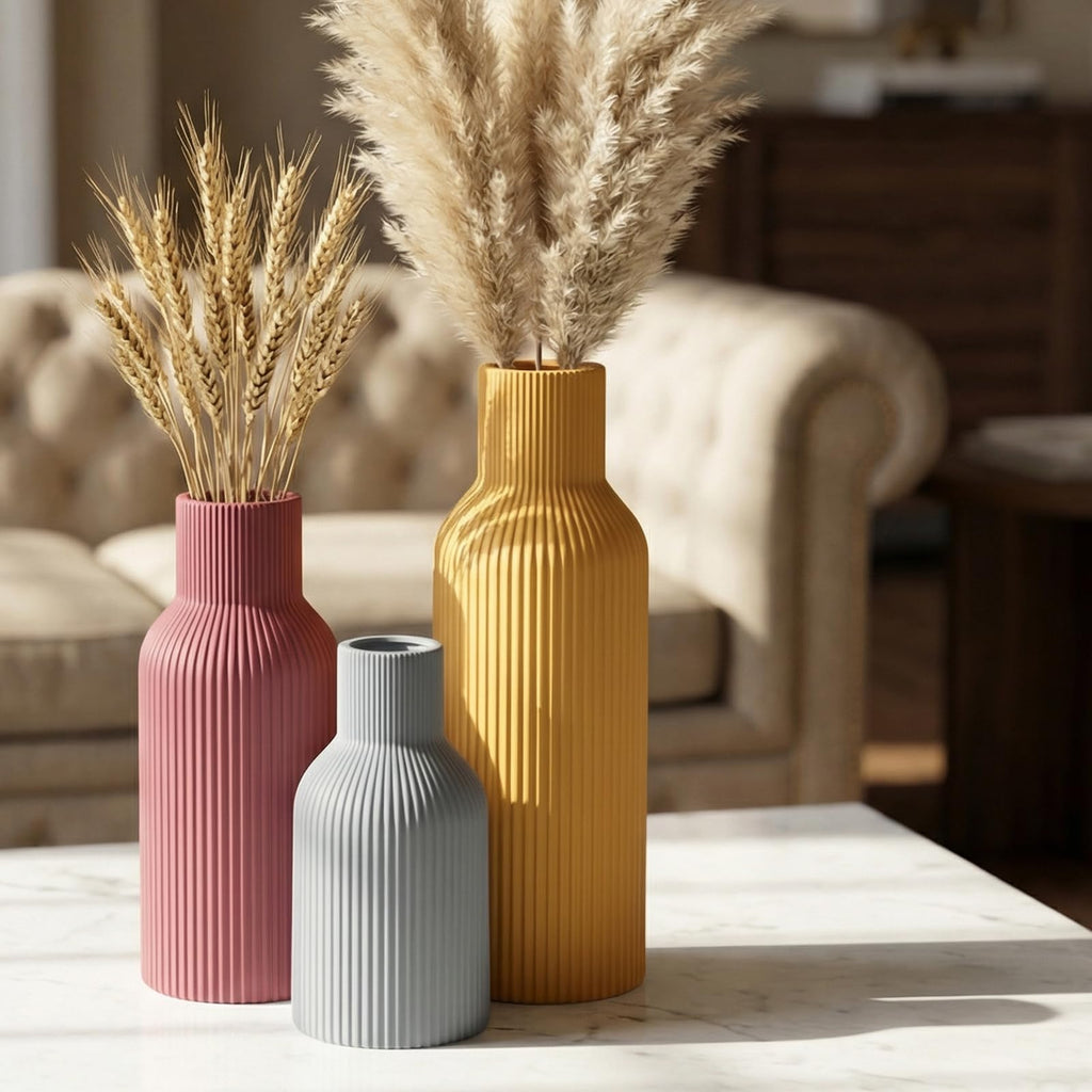 Ceramic Vases Set of 3 – Modern Matte Ribbed Vases for Pampas Grass & Dried Flowers | Boho, Farmhouse & Minimalist Home Decor