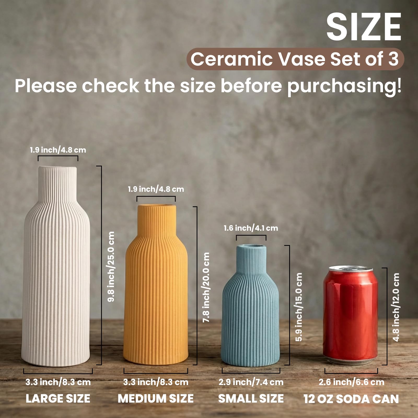 Ceramic Vases Set of 3 – Modern Matte Ribbed Vases for Pampas Grass & Dried Flowers | Boho, Farmhouse & Minimalist Home Decor