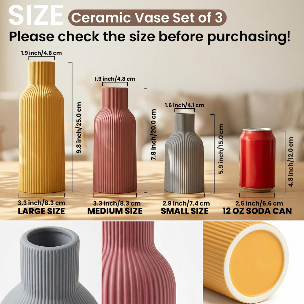 Ceramic Vases Set of 3 – Modern Matte Ribbed Vases for Pampas Grass & Dried Flowers | Boho, Farmhouse & Minimalist Home Decor