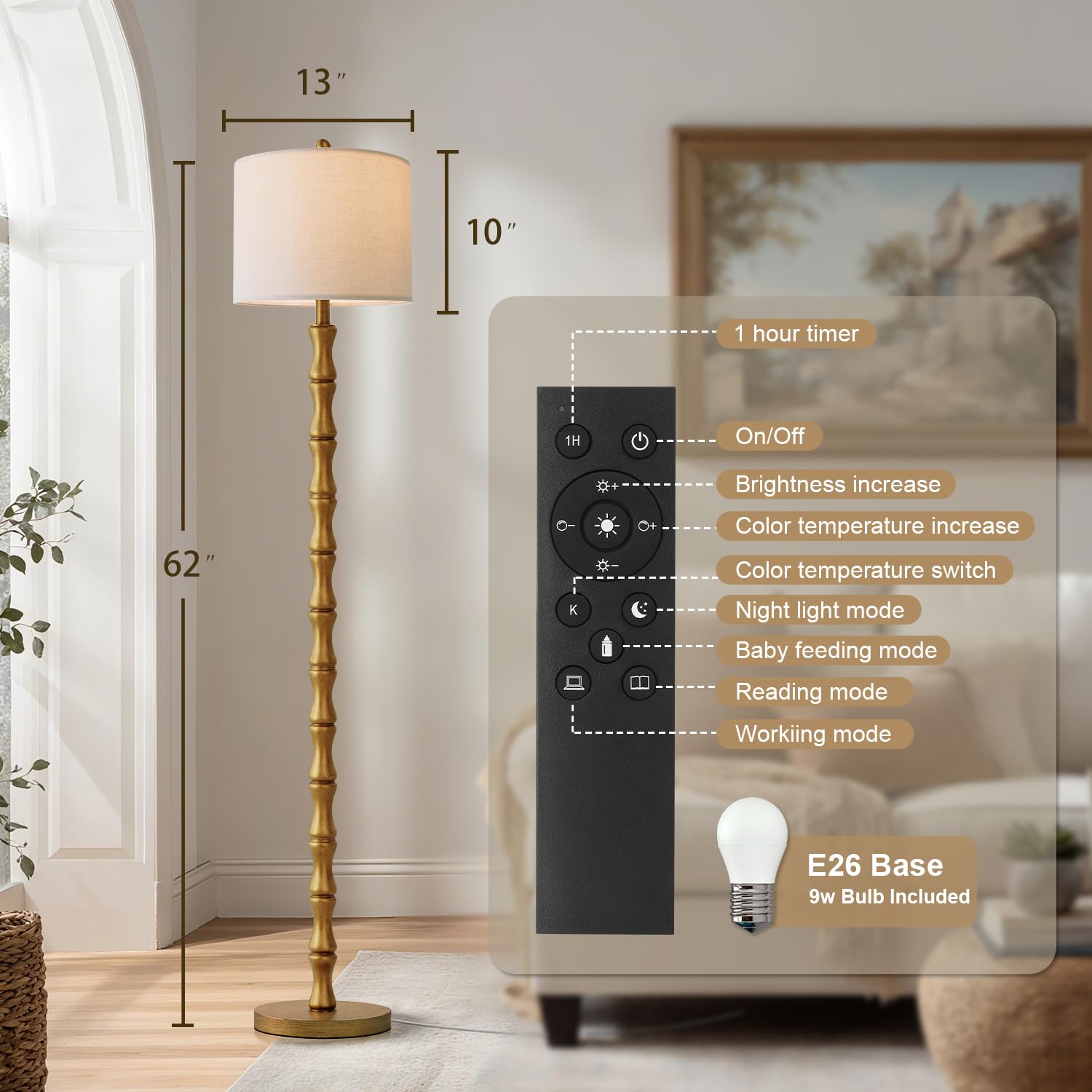 BOBOMOMO 62" Rustic Floor Lamp for Living Room, Retro Farmhouse Floor Lamp Rotary Switch, Resin Standing Lamp for Living Room, Corner, Dining Room, Bedroom, House