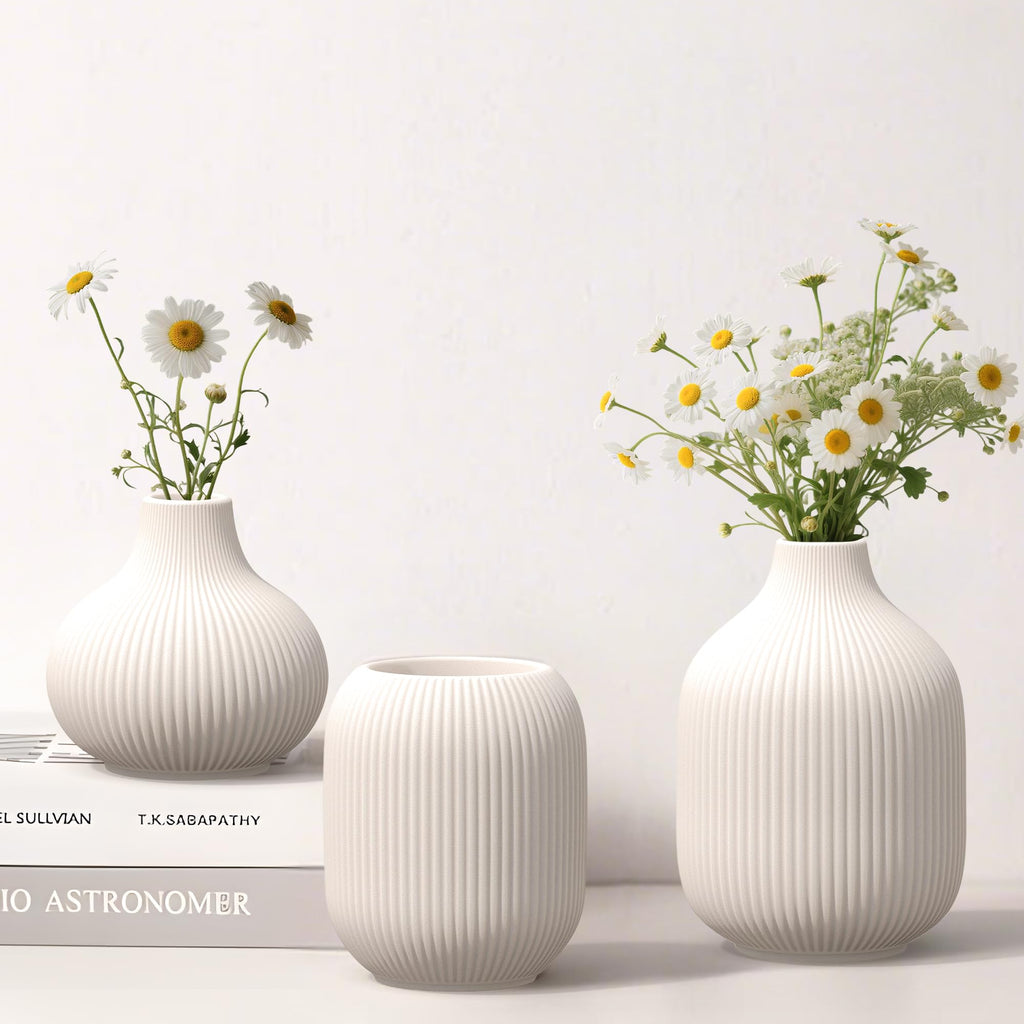Ceramic Vases Set of 3 – Modern Matte Ribbed Vases for Pampas Grass & Dried Flowers | Boho, Farmhouse & Minimalist Home Decor