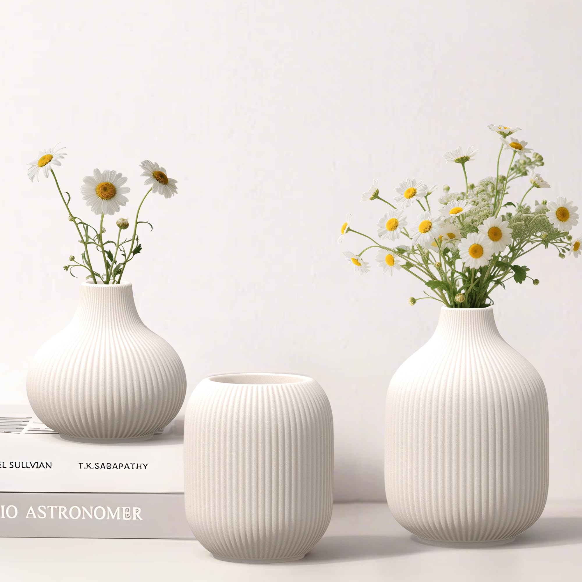 Ceramic Vases Set of 3 – Modern Matte Ribbed Vases for Pampas Grass & Dried Flowers | Boho, Farmhouse & Minimalist Home Decor