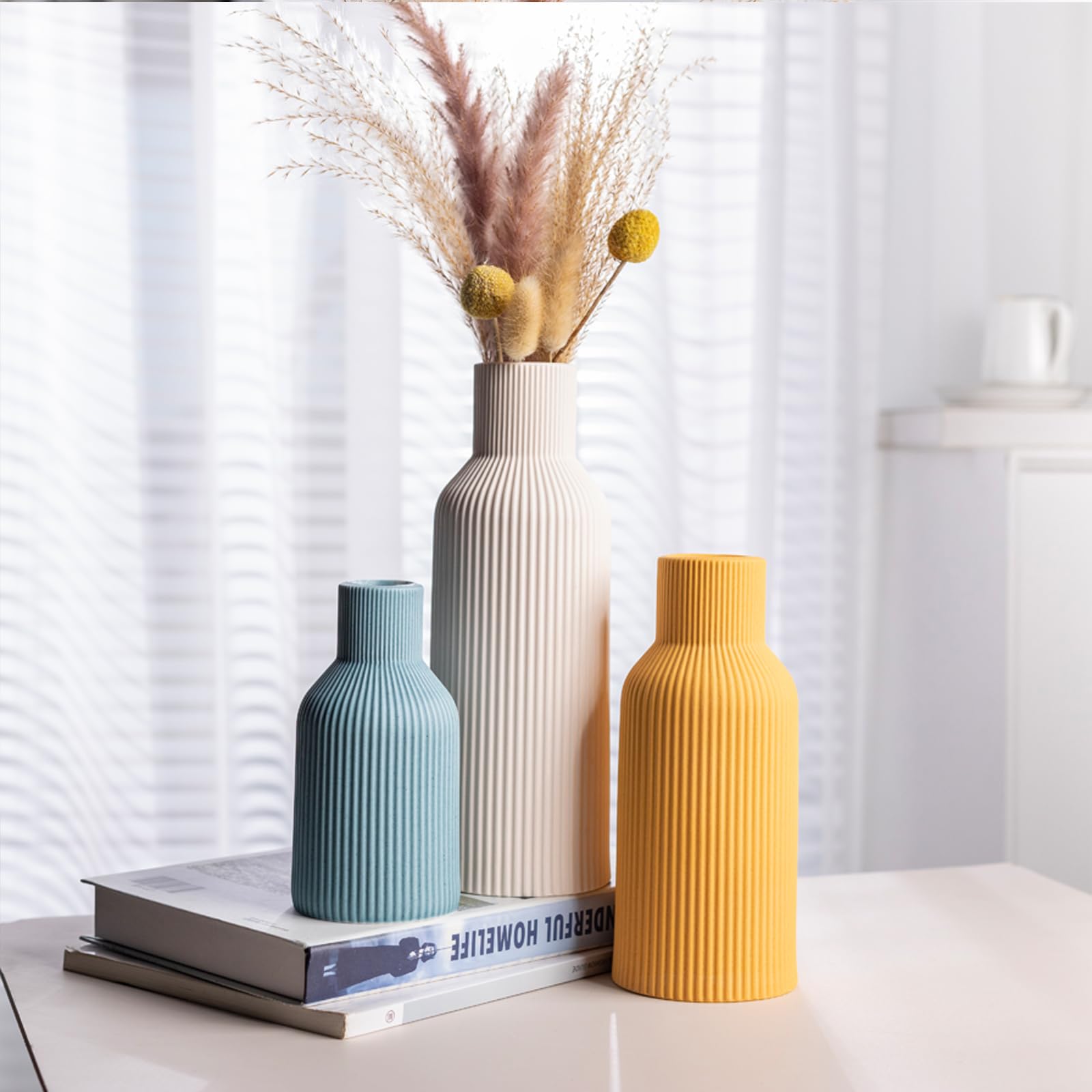 Ceramic Vases Set of 3 – Modern Matte Ribbed Vases for Pampas Grass & Dried Flowers | Boho, Farmhouse & Minimalist Home Decor
