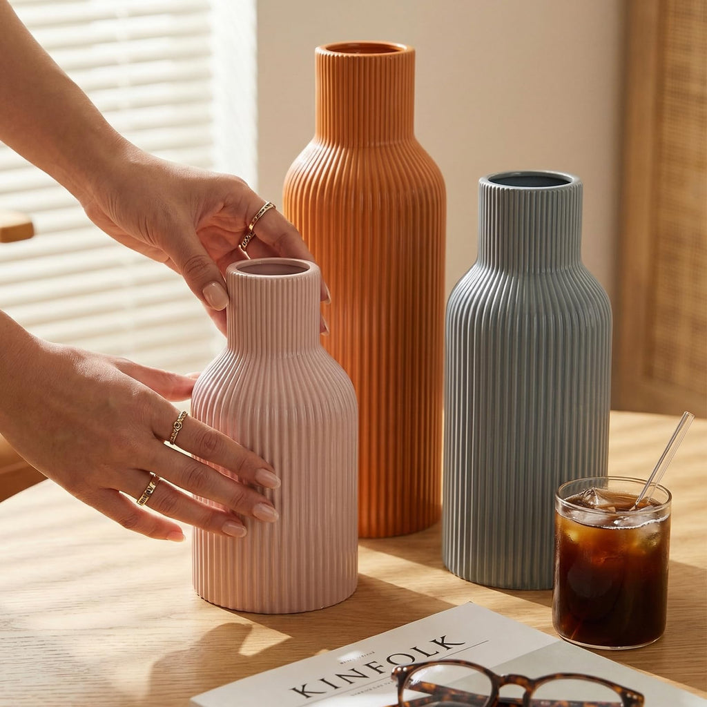 Ceramic Vases Set of 3 – Modern Matte Ribbed Vases for Pampas Grass & Dried Flowers | Boho, Farmhouse & Minimalist Home Decor