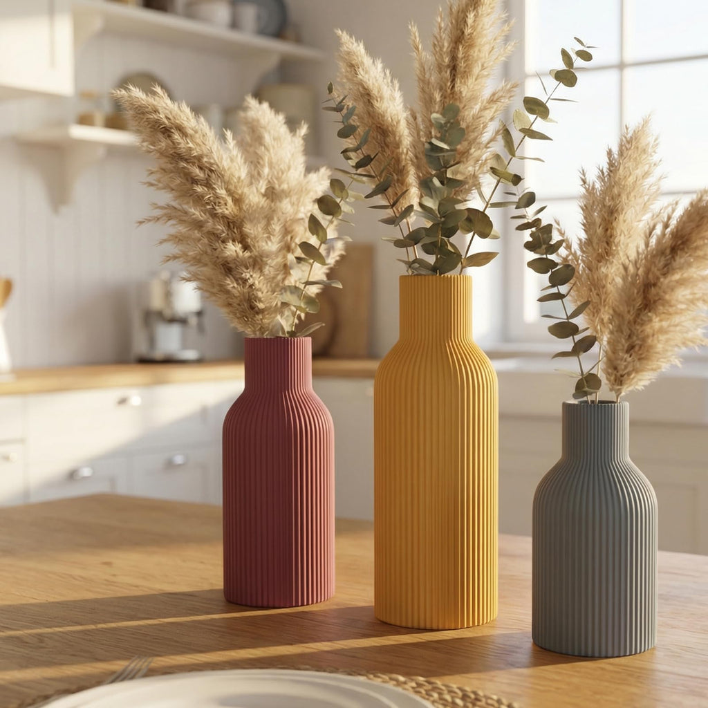 Ceramic Vases Set of 3 – Modern Matte Ribbed Vases for Pampas Grass & Dried Flowers | Boho, Farmhouse & Minimalist Home Decor