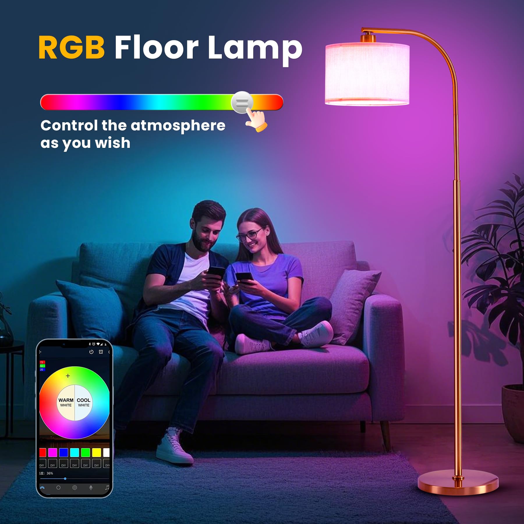 Tall Floor Lamp for Living Room,65'' Modern Standing Lamps with 9W LED Bulb,Elegant Floor Light with Fabric Shade,Gold Tall Lamp for Bedroom Office Study Room Corner Dining Room