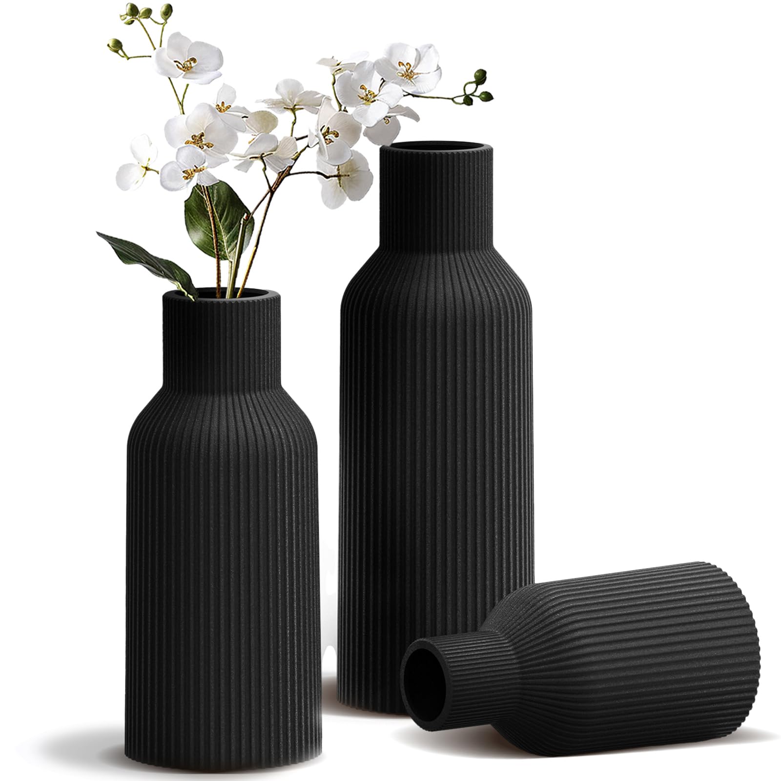 Ceramic Vases Set of 3 – Modern Matte Ribbed Vases for Pampas Grass & Dried Flowers | Boho, Farmhouse & Minimalist Home Decor