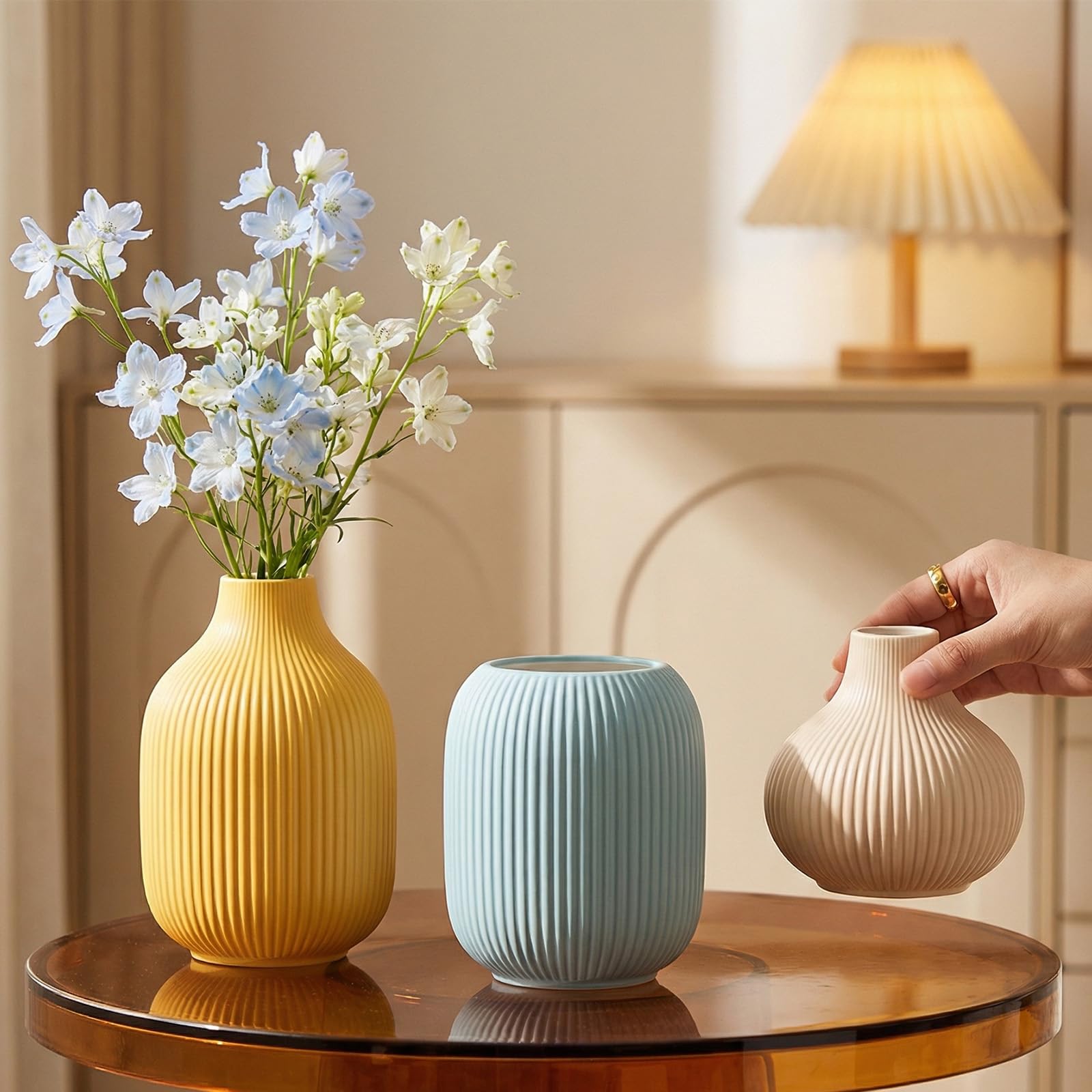 Ceramic Vases Set of 3 – Modern Matte Ribbed Vases for Pampas Grass & Dried Flowers | Boho, Farmhouse & Minimalist Home Decor