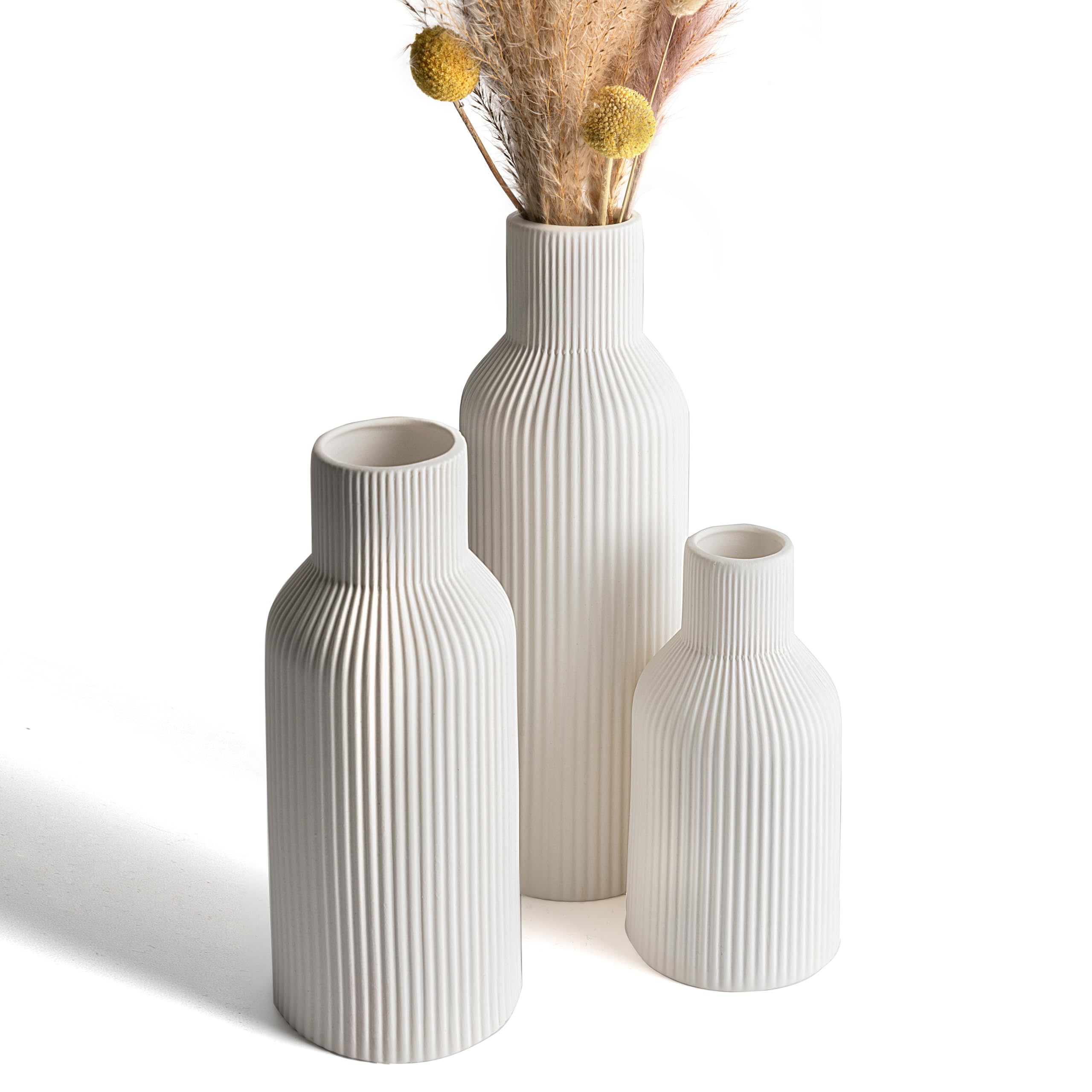 Ceramic Vases Set of 3 – Modern Matte Ribbed Vases for Pampas Grass & Dried Flowers | Boho, Farmhouse & Minimalist Home Decor