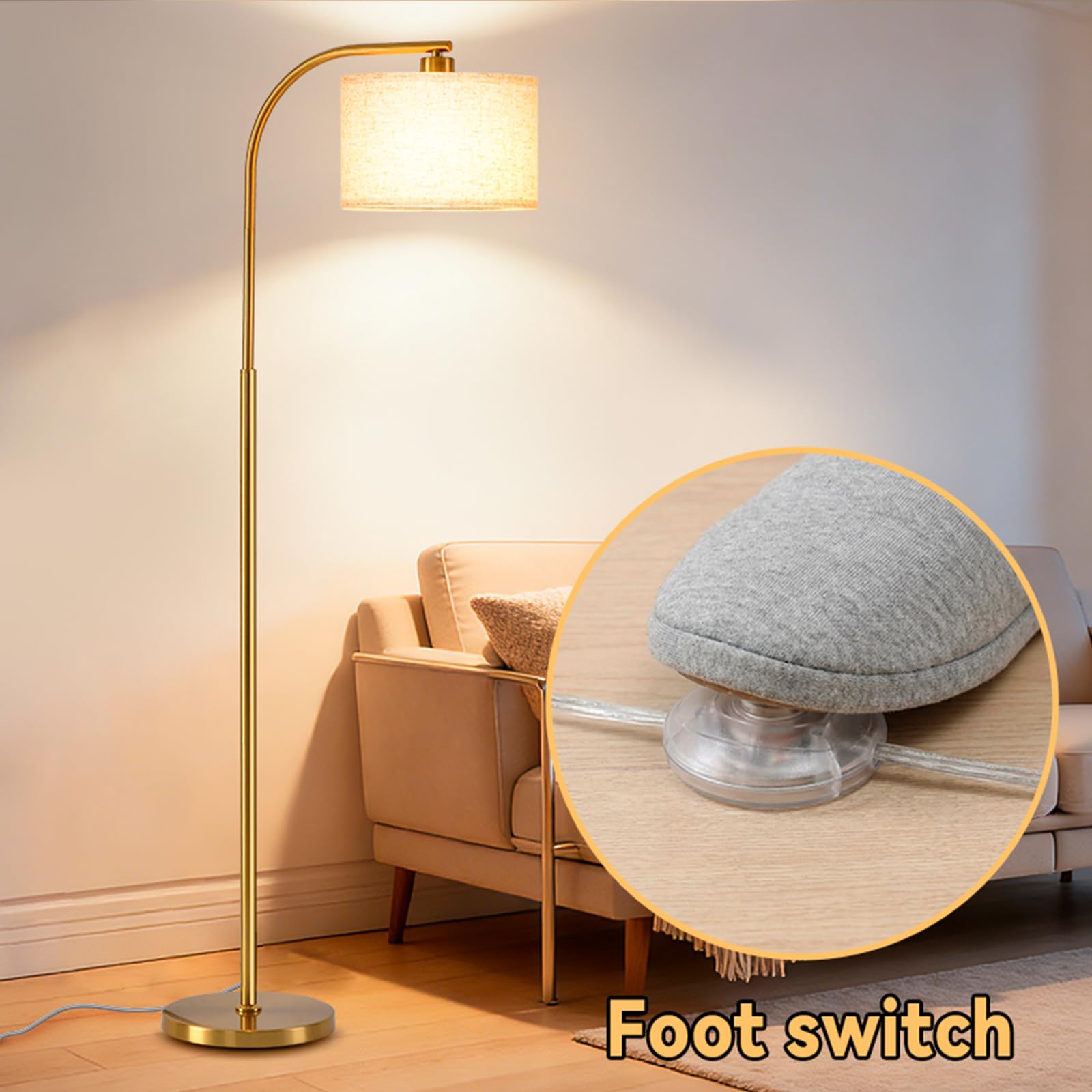 Tall Floor Lamp for Living Room,65'' Modern Standing Lamps with 9W LED Bulb,Elegant Floor Light with Fabric Shade,Gold Tall Lamp for Bedroom Office Study Room Corner Dining Room