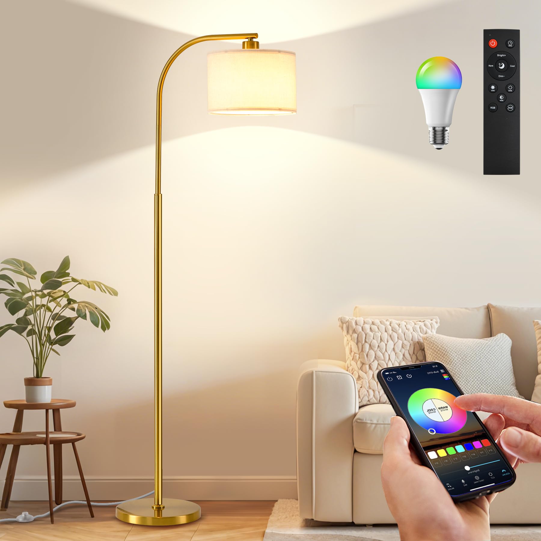 Tall Floor Lamp for Living Room,65'' Modern Standing Lamps with 9W LED Bulb,Elegant Floor Light with Fabric Shade,Gold Tall Lamp for Bedroom Office Study Room Corner Dining Room