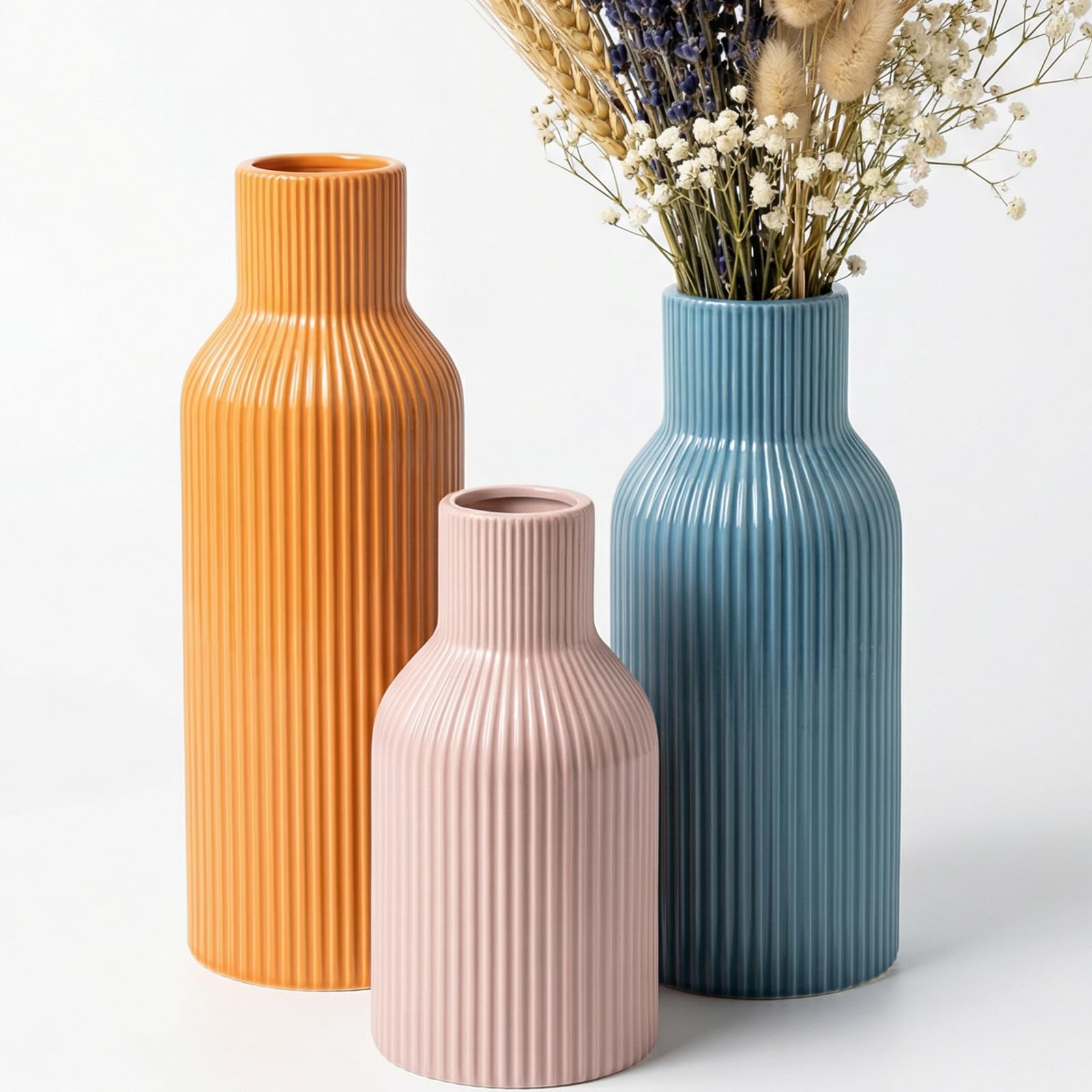 Ceramic Vases Set of 3 – Modern Matte Ribbed Vases for Pampas Grass & Dried Flowers | Boho, Farmhouse & Minimalist Home Decor