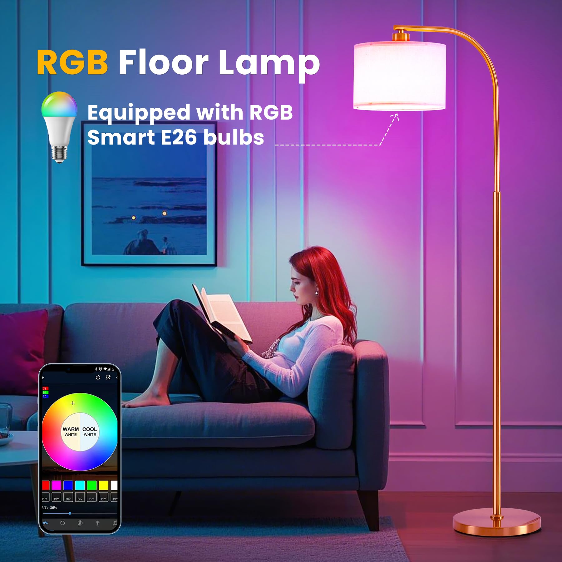 Tall Floor Lamp for Living Room,65'' Modern Standing Lamps with 9W LED Bulb,Elegant Floor Light with Fabric Shade,Gold Tall Lamp for Bedroom Office Study Room Corner Dining Room