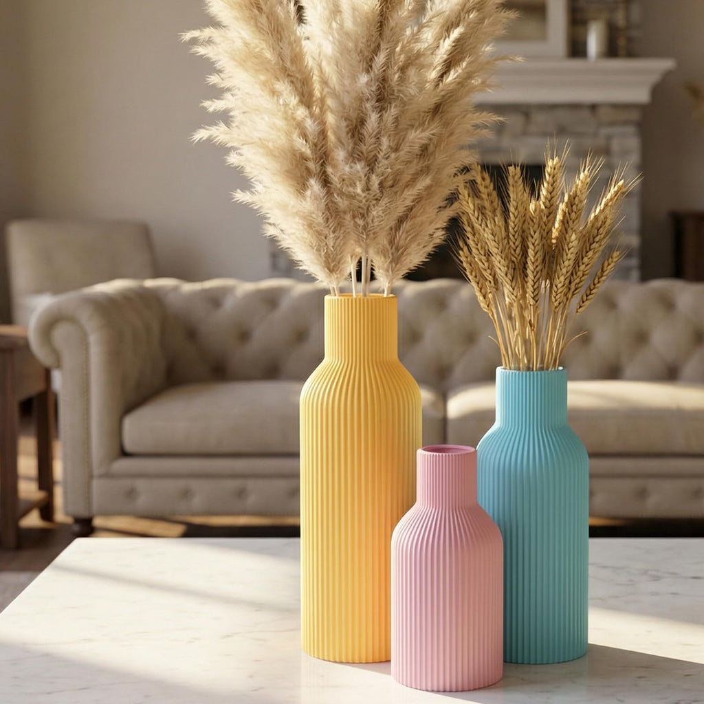 Ceramic Vases Set of 3 – Modern Matte Ribbed Vases for Pampas Grass & Dried Flowers | Boho, Farmhouse & Minimalist Home Decor