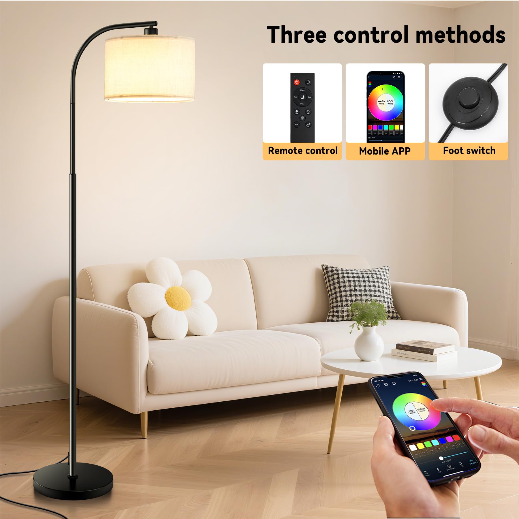 Tall Floor Lamp for Living Room,65'' Modern Standing Lamps with 9W LED Bulb,Elegant Floor Light with Fabric Shade,Gold Tall Lamp for Bedroom Office Study Room Corner Dining Room