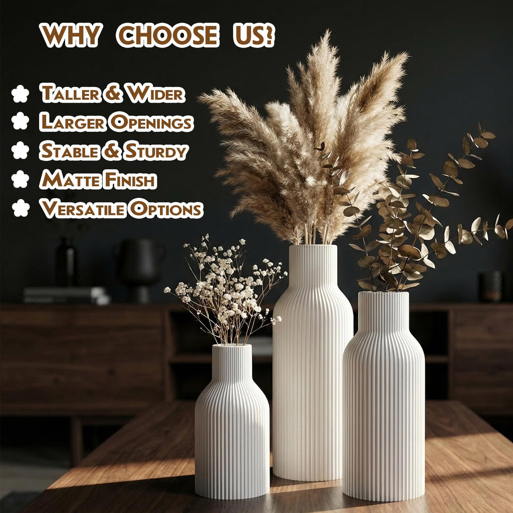 Ceramic Vases Set of 3 – Modern Matte Ribbed Vases for Pampas Grass & Dried Flowers | Boho, Farmhouse & Minimalist Home Decor