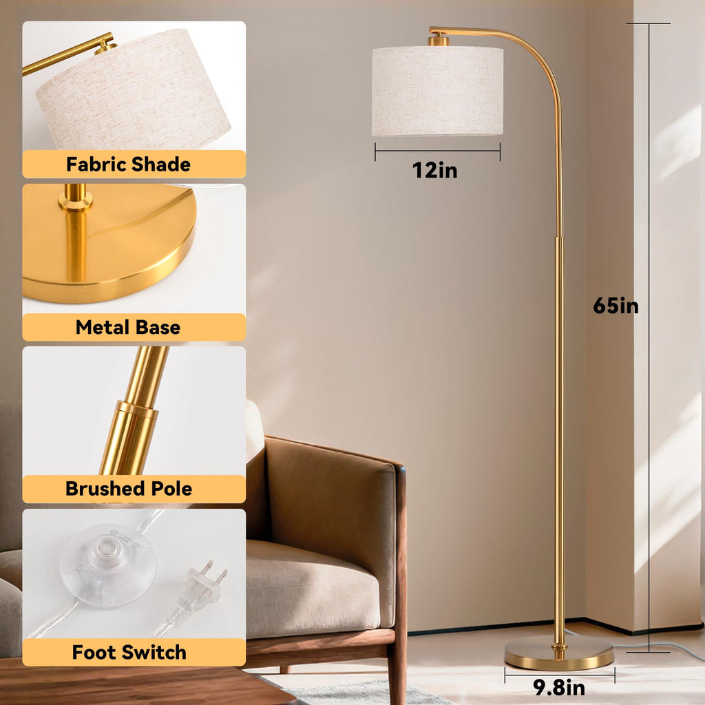 Tall Floor Lamp for Living Room,65'' Modern Standing Lamps with 9W LED Bulb,Elegant Floor Light with Fabric Shade,Gold Tall Lamp for Bedroom Office Study Room Corner Dining Room