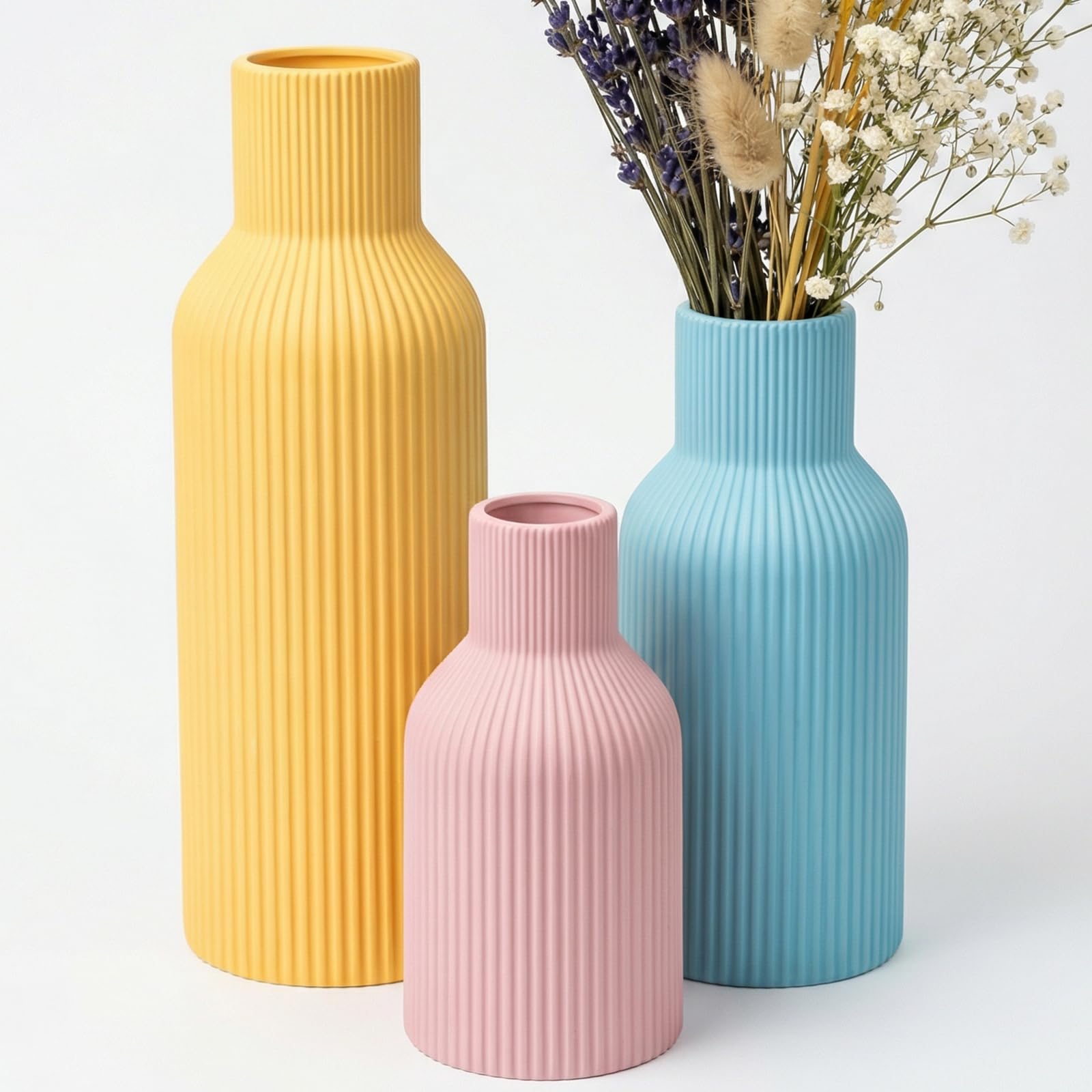 Ceramic Vases Set of 3 – Modern Matte Ribbed Vases for Pampas Grass & Dried Flowers | Boho, Farmhouse & Minimalist Home Decor