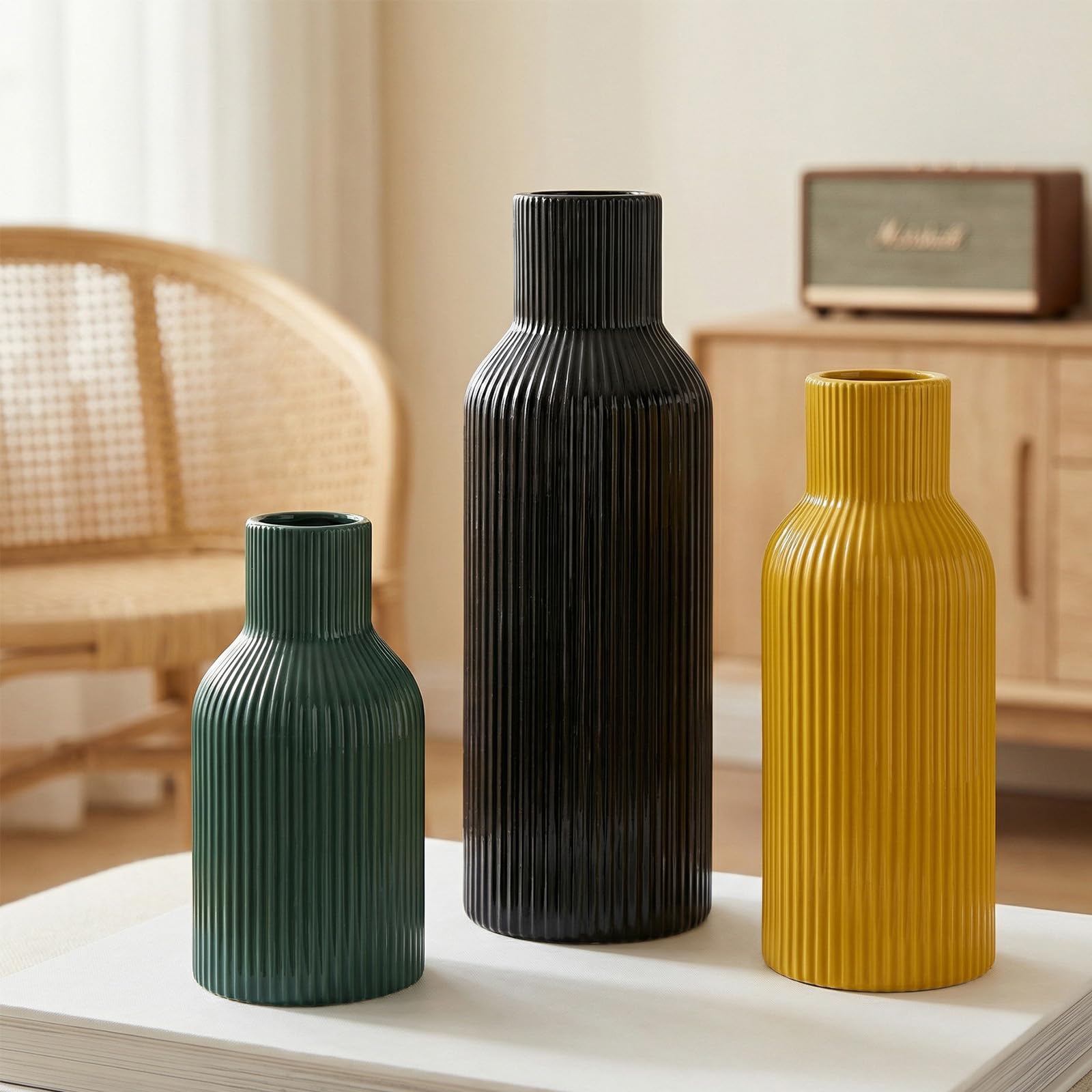 Ceramic Vases Set of 3 – Modern Matte Ribbed Vases for Pampas Grass & Dried Flowers | Boho, Farmhouse & Minimalist Home Decor
