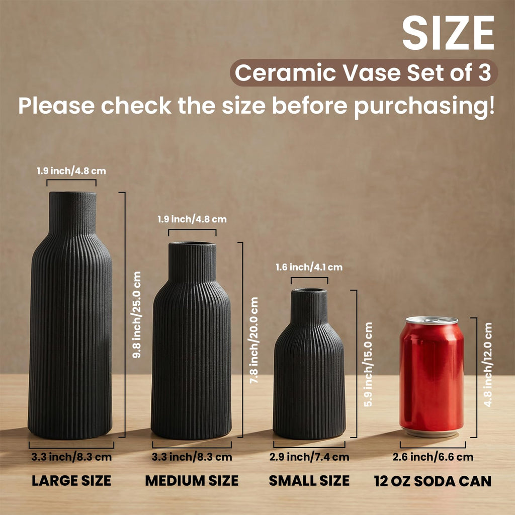 Ceramic Vases Set of 3 – Modern Matte Ribbed Vases for Pampas Grass & Dried Flowers | Boho, Farmhouse & Minimalist Home Decor