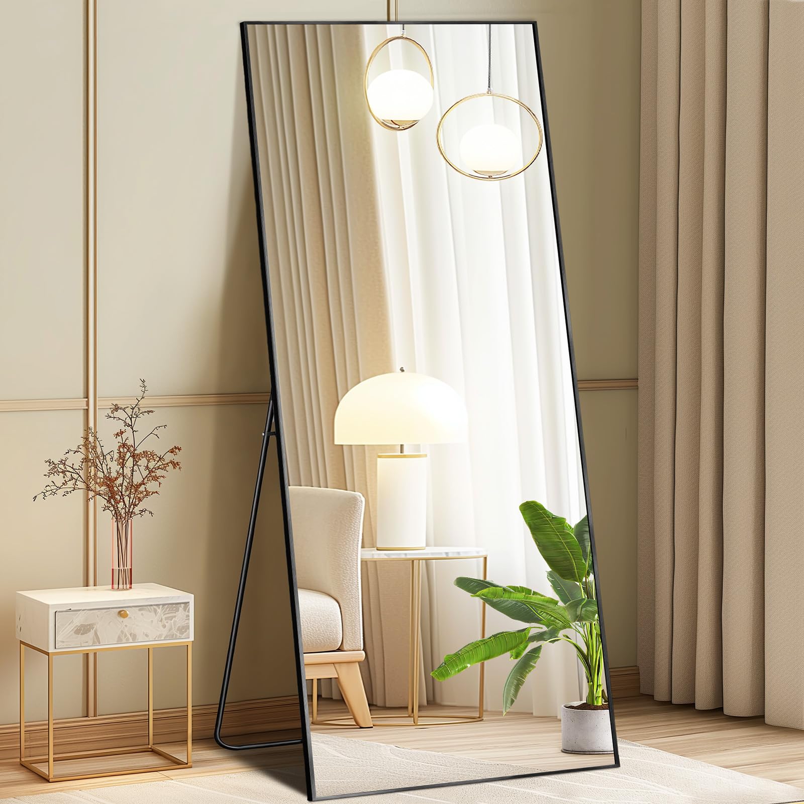 DUMOS Arched Full Length Mirror with Stand 64"x21" Floor Standing Aluminum Frame for Bedroom Body Hanging Leaning Modern Simple Home Decor Shatter-proorf Nano Glass Wall Living Room Cloakroom Black