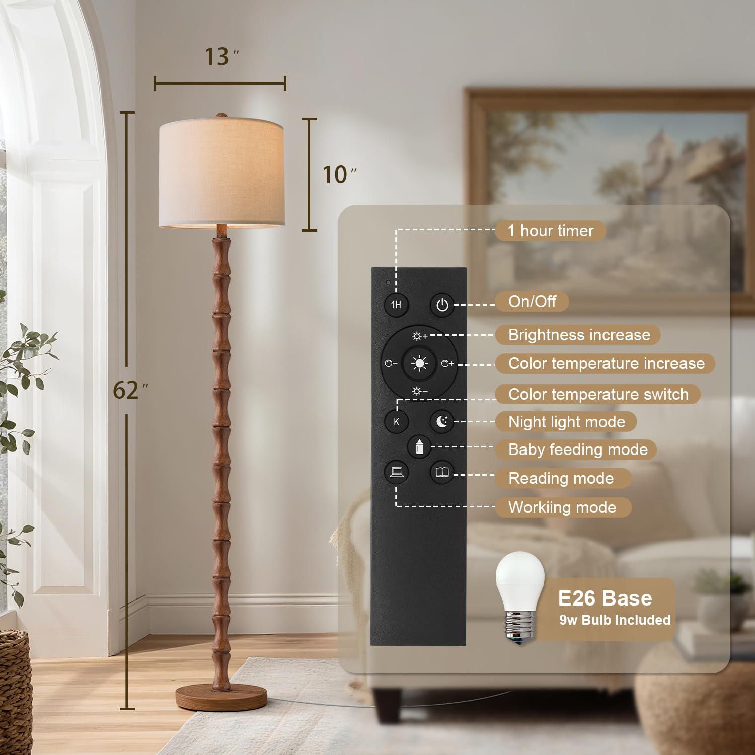 BOBOMOMO 62" Rustic Floor Lamp for Living Room, Retro Farmhouse Floor Lamp Rotary Switch, Resin Standing Lamp for Living Room, Corner, Dining Room, Bedroom, House
