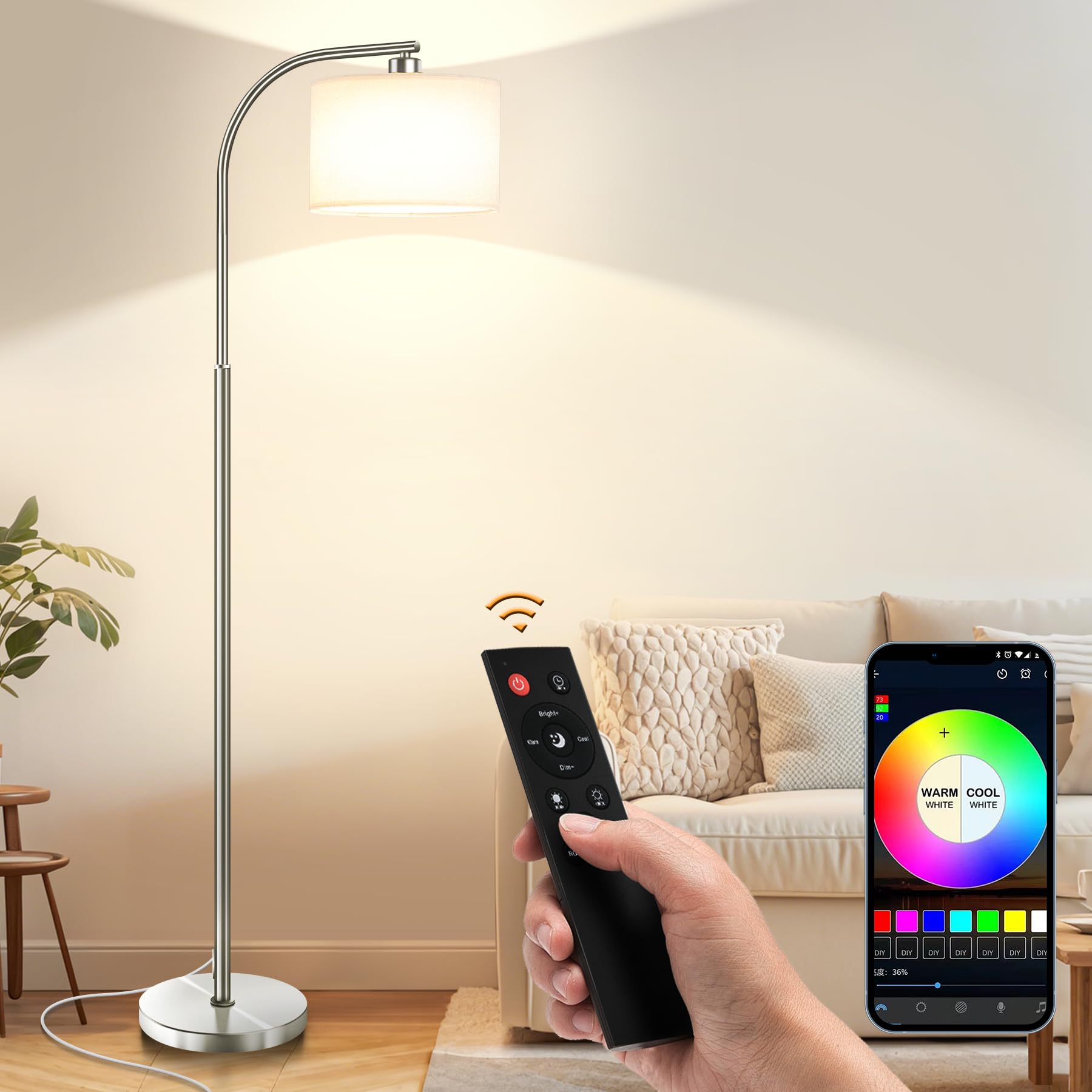 Tall Floor Lamp for Living Room,65'' Modern Standing Lamps with 9W LED Bulb,Elegant Floor Light with Fabric Shade,Gold Tall Lamp for Bedroom Office Study Room Corner Dining Room