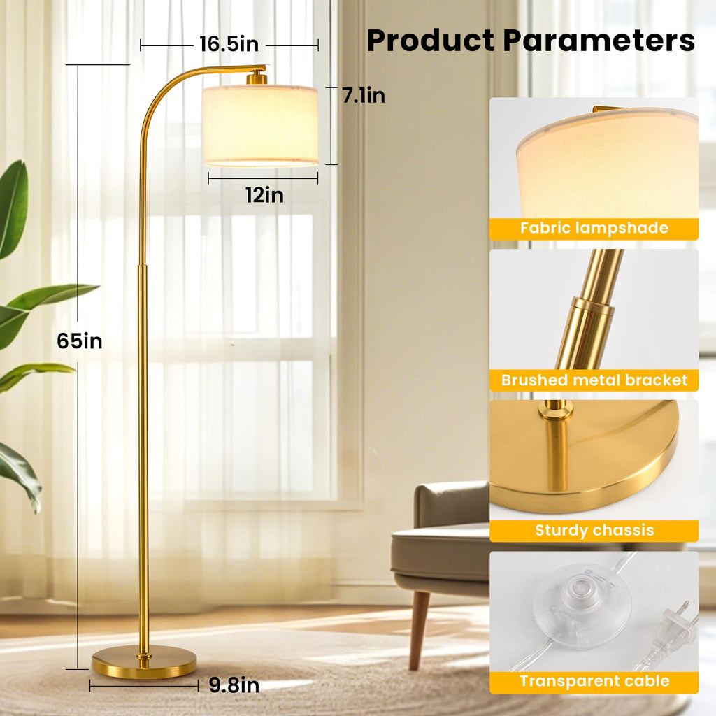 Tall Floor Lamp for Living Room,65'' Modern Standing Lamps with 9W LED Bulb,Elegant Floor Light with Fabric Shade,Gold Tall Lamp for Bedroom Office Study Room Corner Dining Room