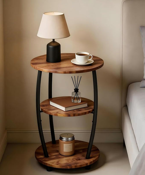 3-Tier Round Side Table – Small End Table with Storage Shelves | Metal Frame, Wood Shelves, Rustic Brown