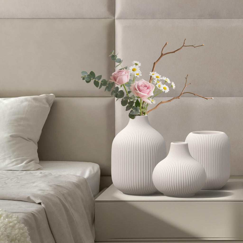 Ceramic Vases Set of 3 – Modern Matte Ribbed Vases for Pampas Grass & Dried Flowers | Boho, Farmhouse & Minimalist Home Decor