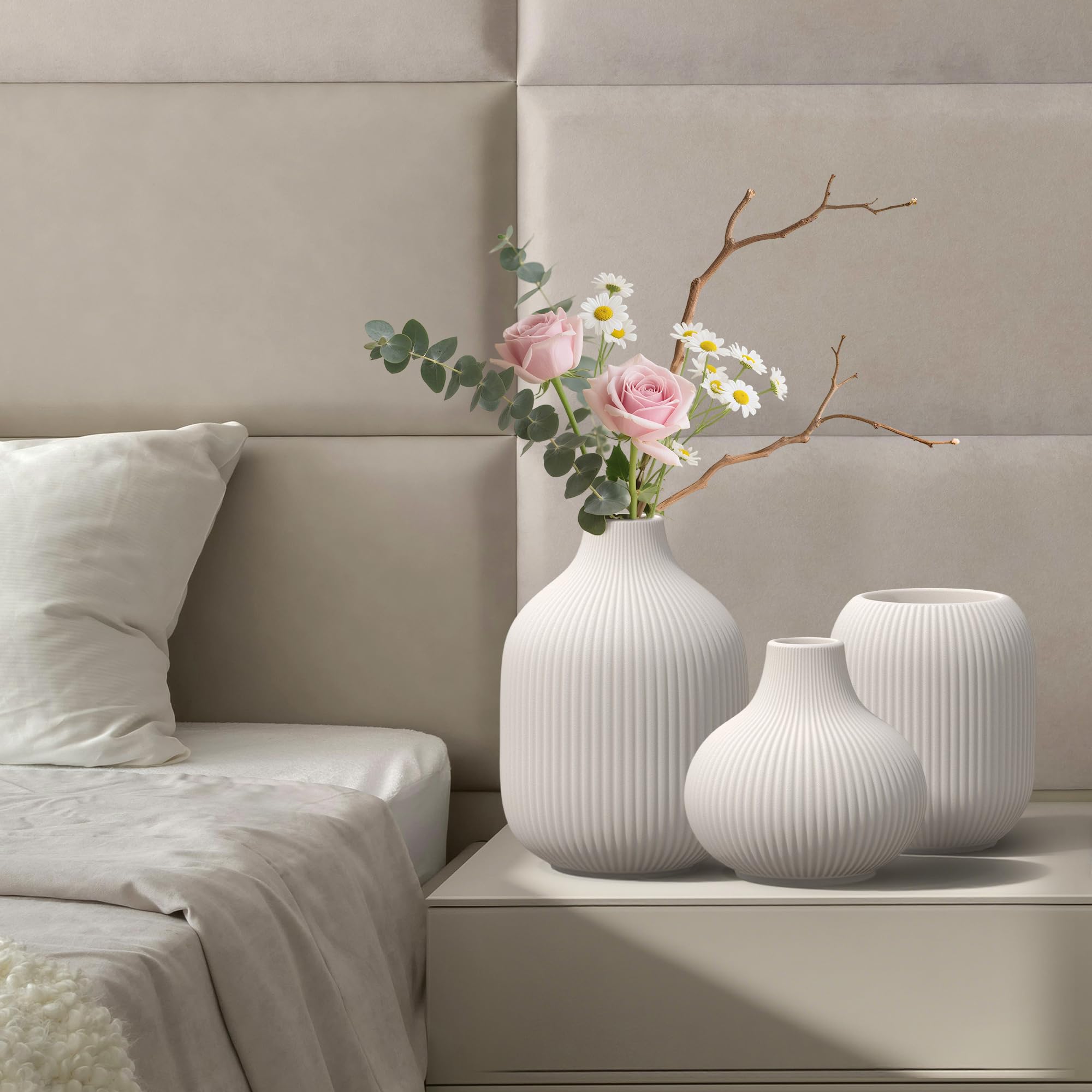 Ceramic Vases Set of 3 – Modern Matte Ribbed Vases for Pampas Grass & Dried Flowers | Boho, Farmhouse & Minimalist Home Decor