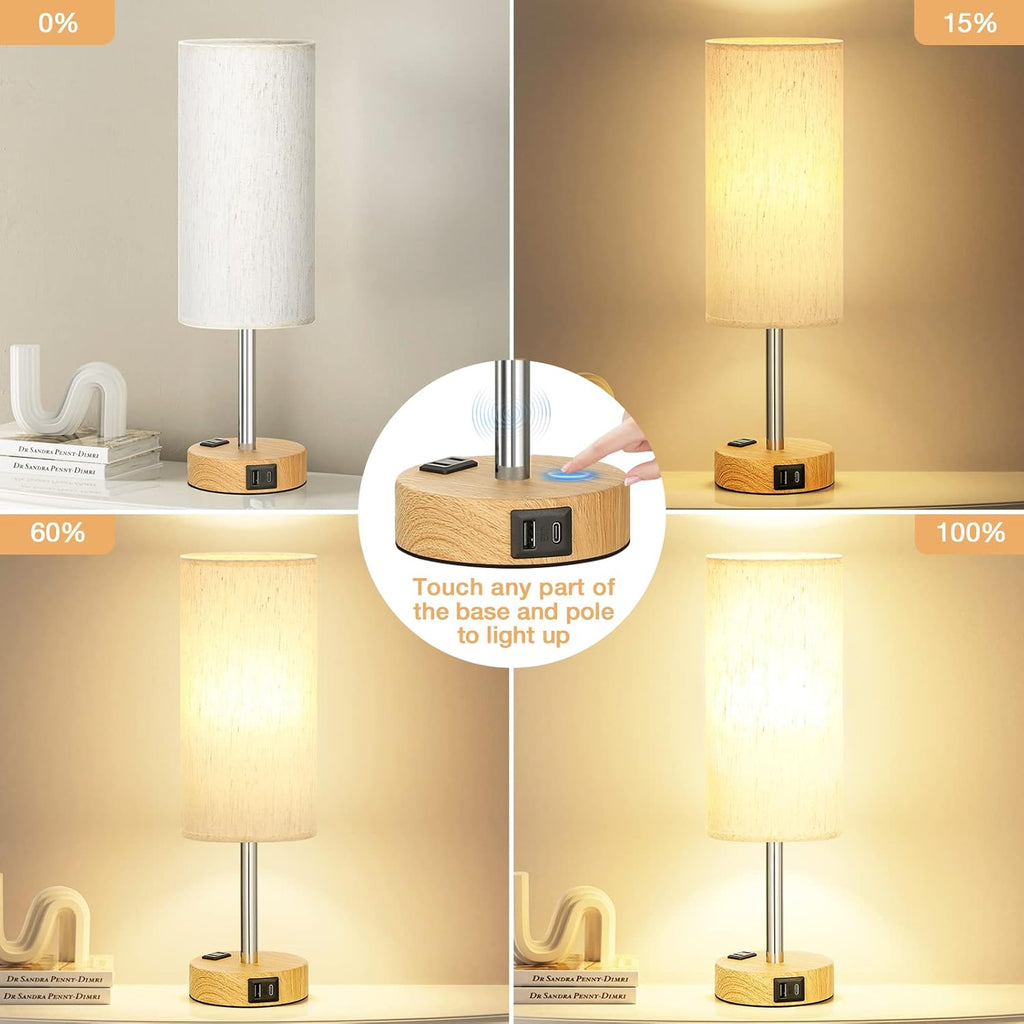 Bedside Table Lamp – 3-Way Dimmable Touch Lamp with USB-C Charging Port & AC Outlet | Wood Base, Fabric Shade, LED Bulb Included