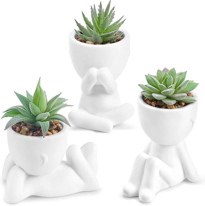 Fake Mini Succulent Plants – Set of 3 Artificial Succulents in Unique Human-Shaped Pots | No Maintenance Indoor Decor